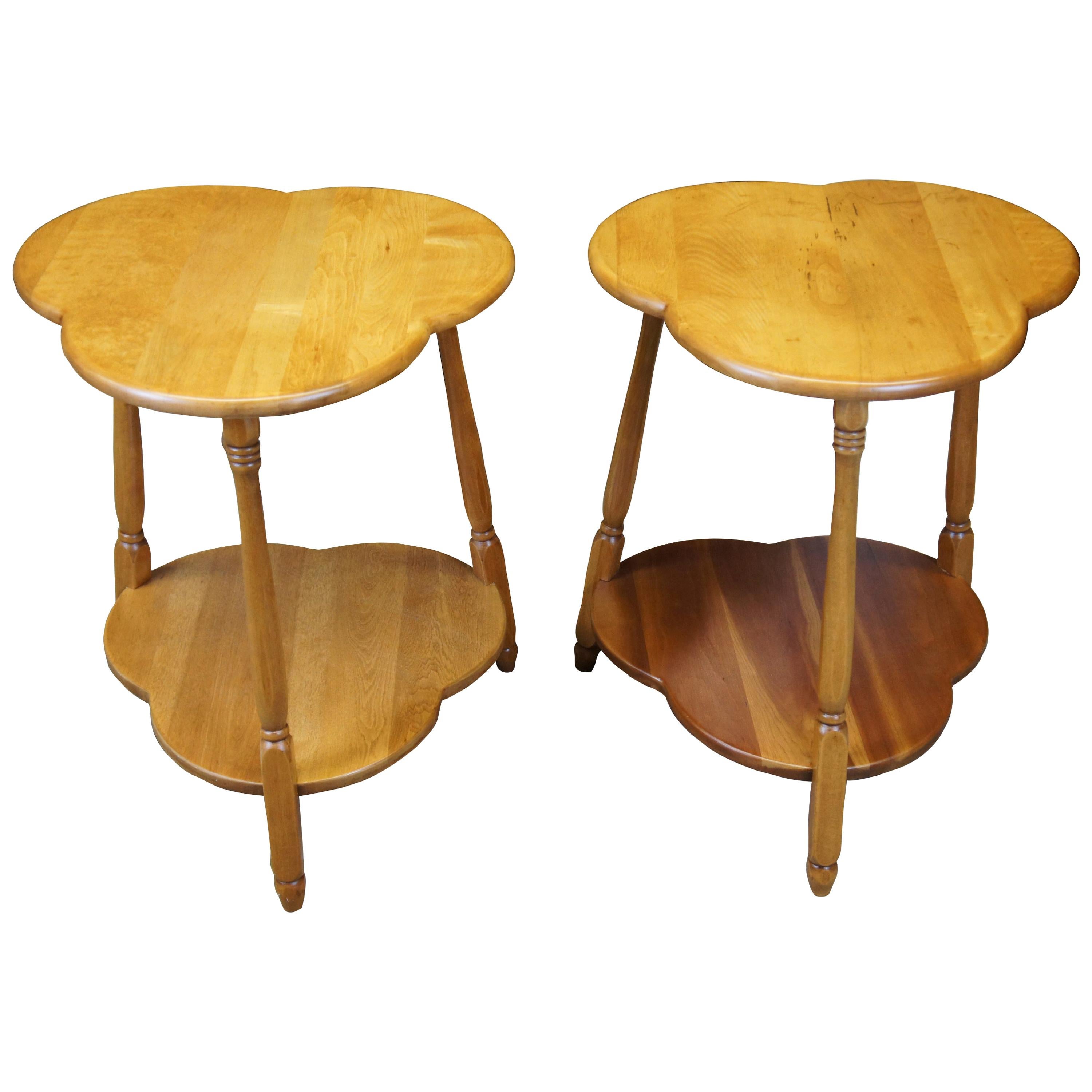 2 Early American Style Birch Trefoil Cloverleaf Colonial Side Accent Tables