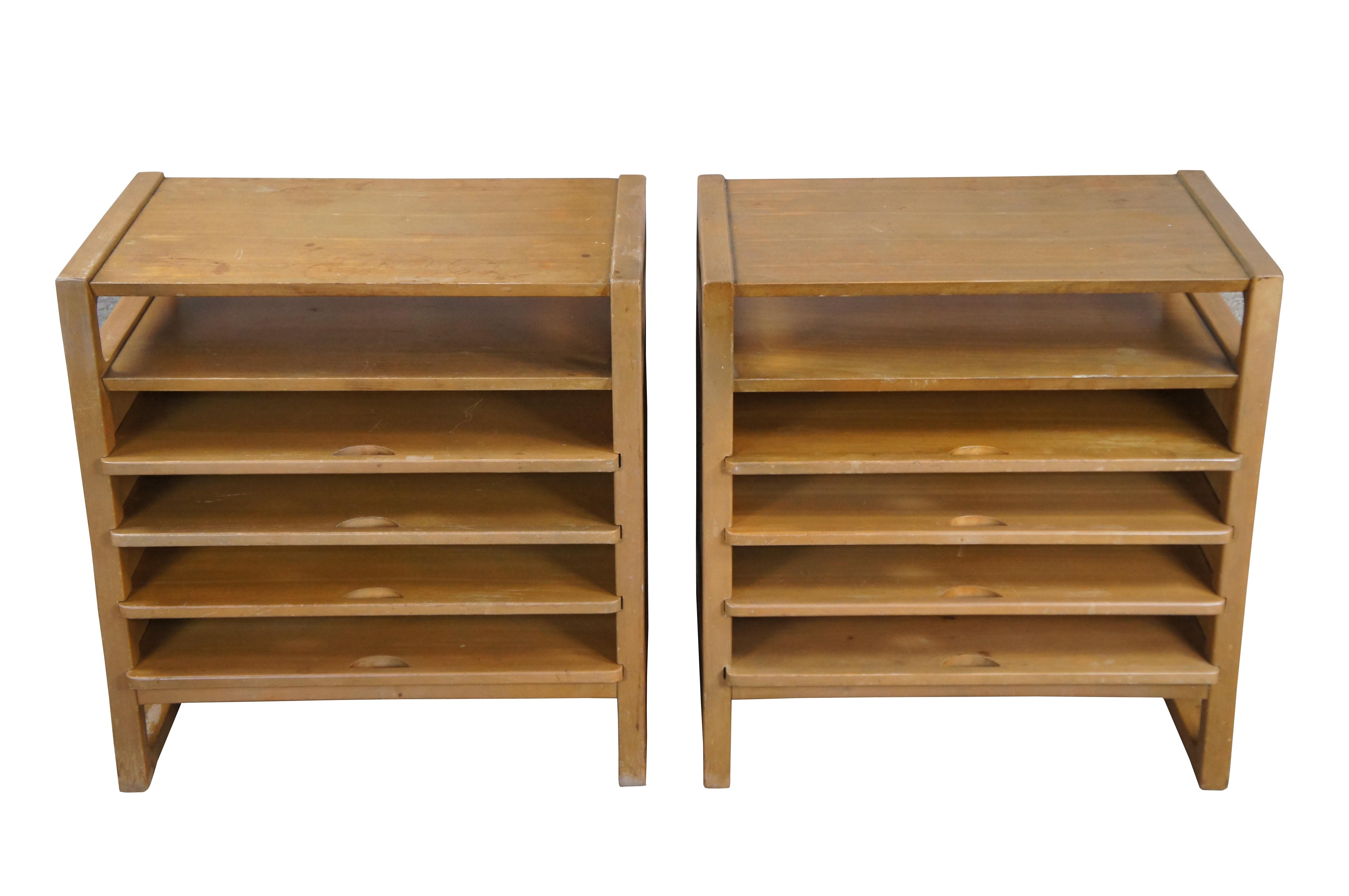 Pair of Edward Wormley for Drexel Precedent Mid Century Magazine Tables.  Made from bleached mahogany with an open form featuring four pull-out shelves.  Originally intended for magazines, but also great for artwork / print storage. 244-9 Natural