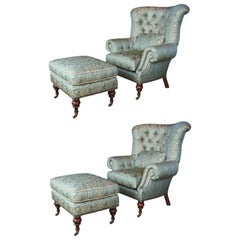 Retro 2 EJ Victor Beacon Hill Wingback Kensington Tufted Arm Wing Chairs and Ottomans