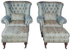 2 EJ Victor Beacon Hill Wingback Kensington Tufted Arm Wing Chairs and Ottomans