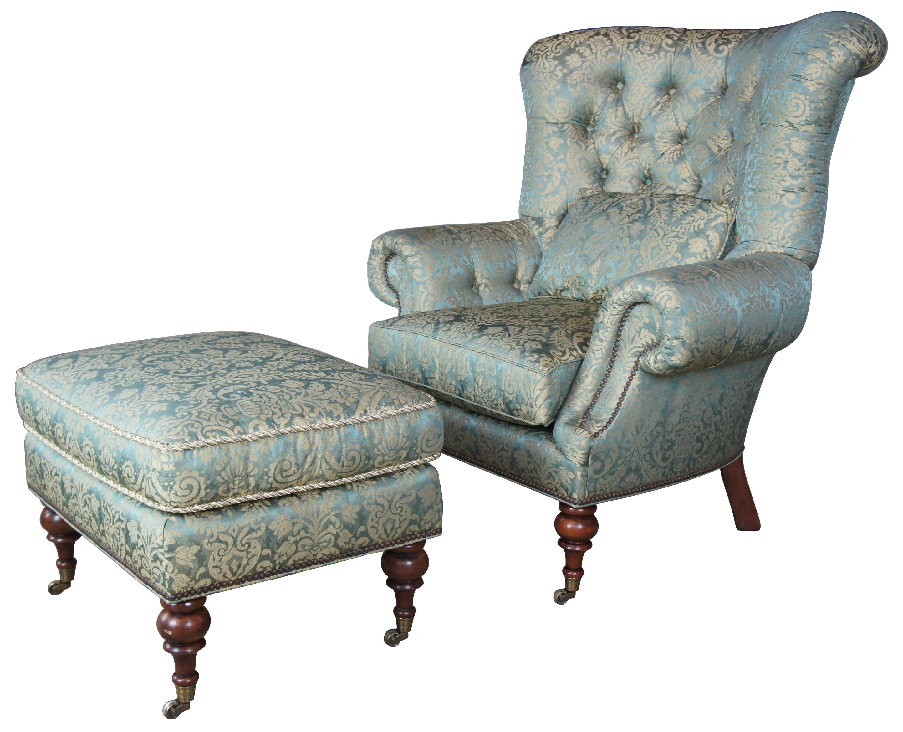 Louis XV 2 EJ Victor Beacon Hill Wingback Kensington Tufted Arm Wing Chairs and Ottomans