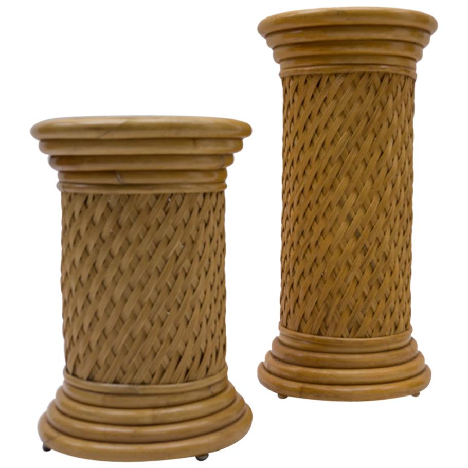 2 Elegant Hollywood Regency Rattan Wicker and Bamboo Columns, 1960s, Italy