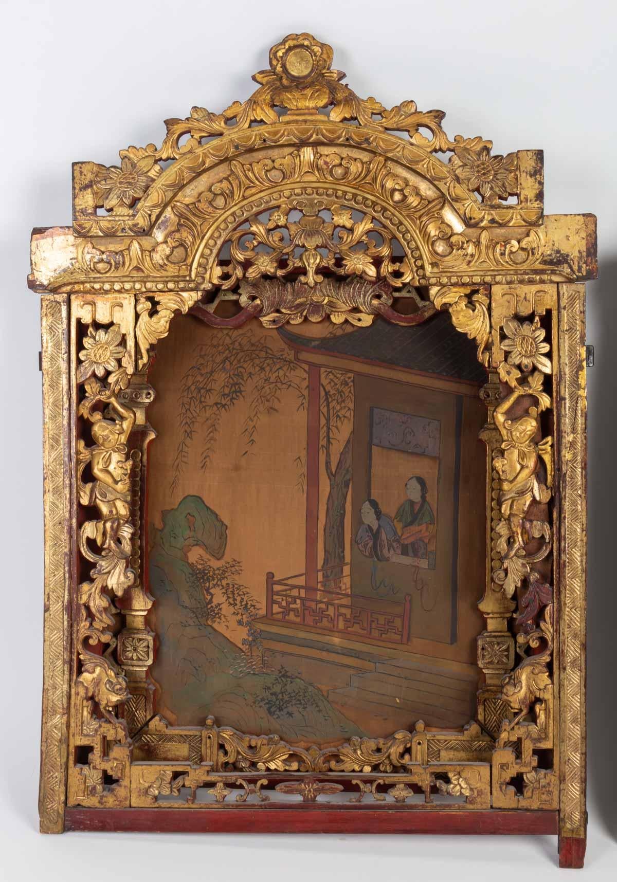 19th Century 2 Elements of Red and Gold Woodwork Sculpted and Openwork, Painted Silk Backing