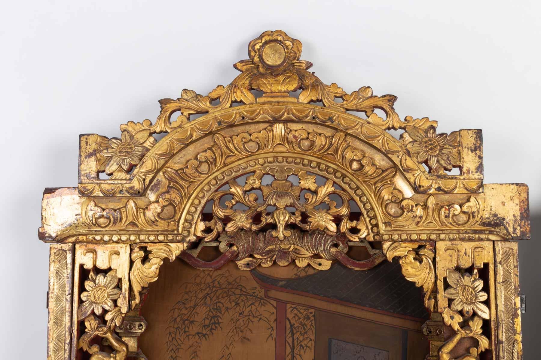 2 Elements of Red and Gold Woodwork Sculpted and Openwork, Painted Silk Backing 1