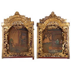 2 Elements of Red and Gold Woodwork Sculpted and Openwork, Painted Silk Backing