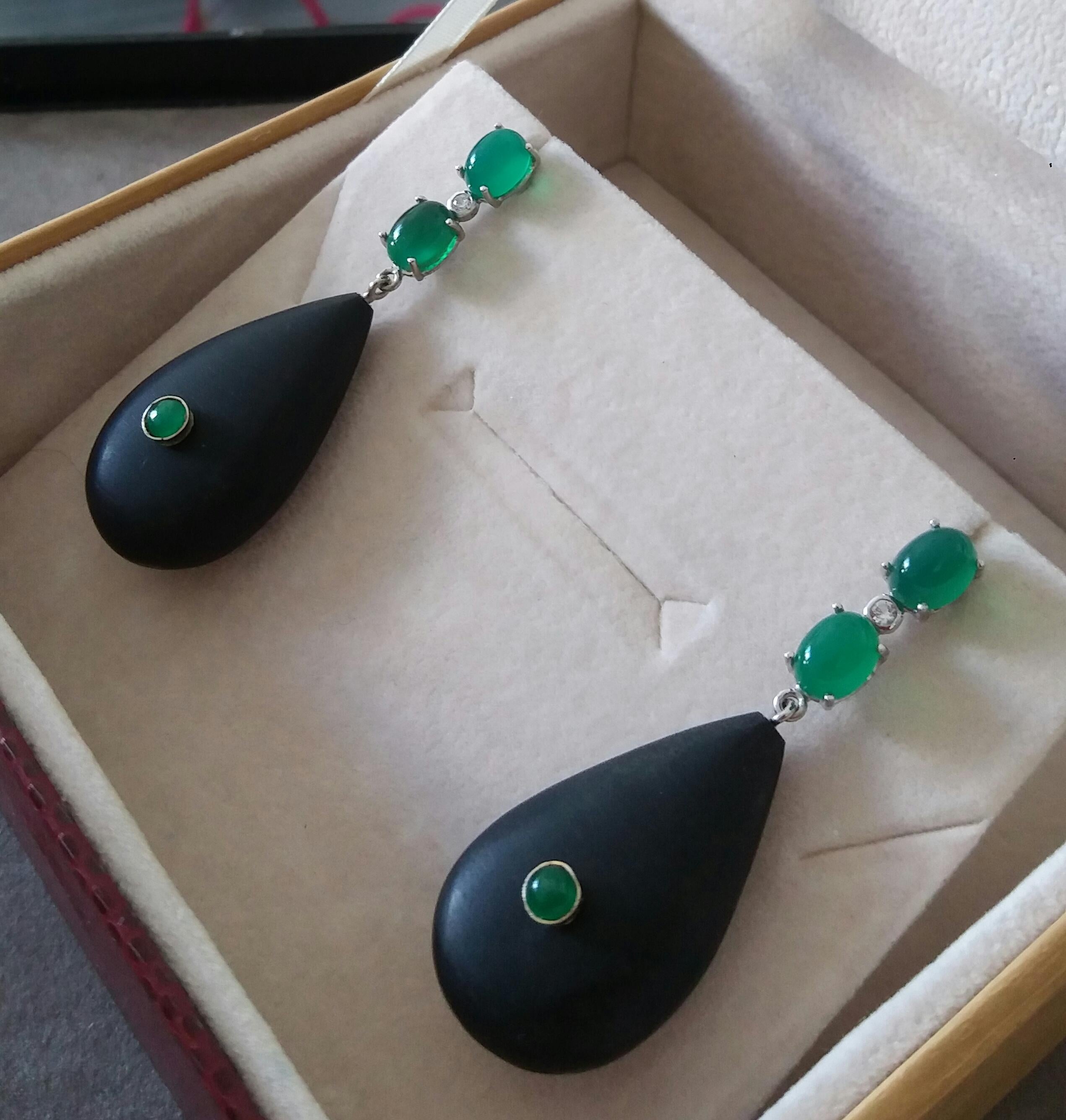 2 Emeralds Oval Cabs 14K White Gold Diamonds Ebony Wood Plain Drops Earrings For Sale 4