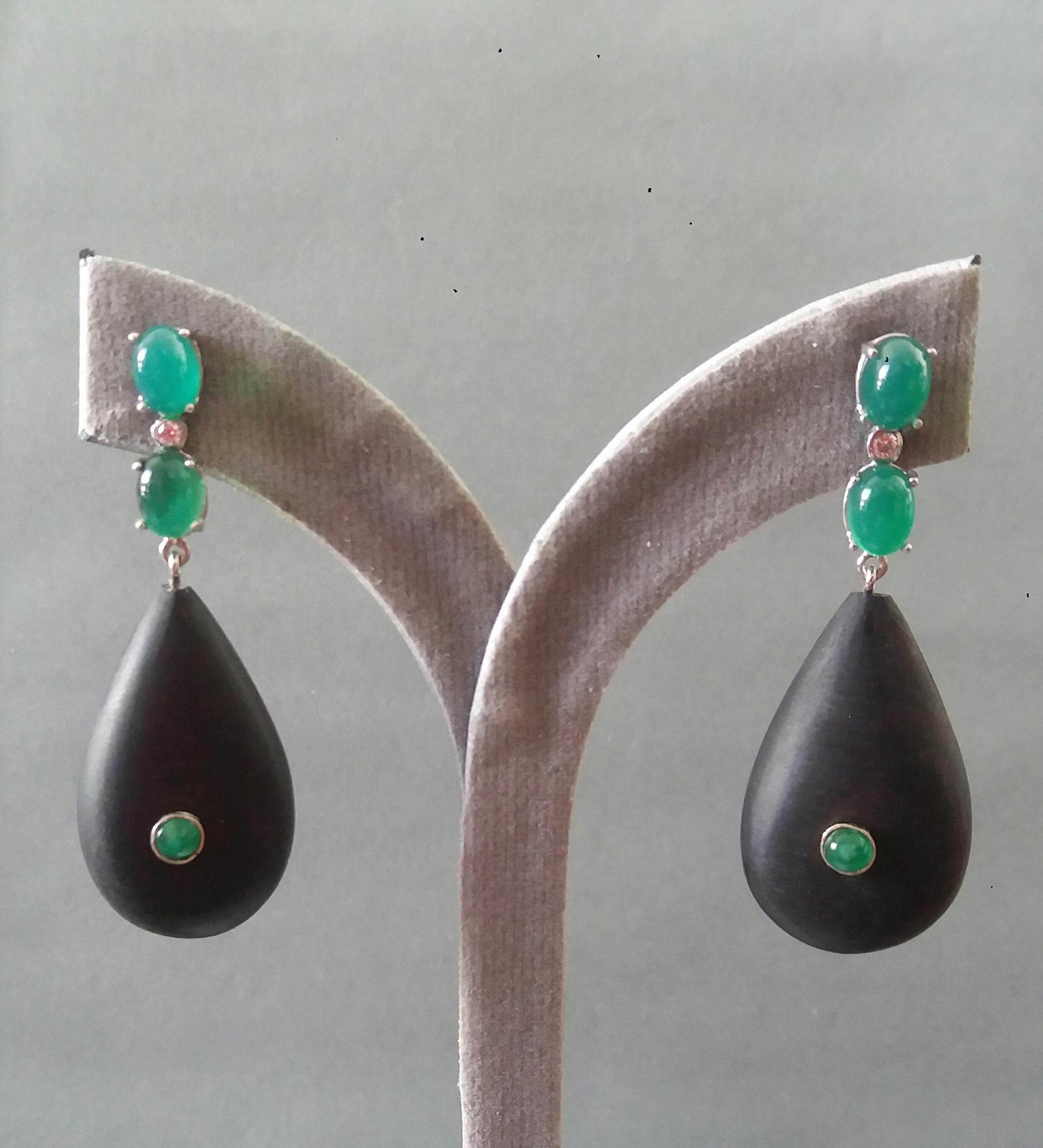 2 Emeralds Oval Cabs 14K White Gold Diamonds Ebony Wood Plain Drops Earrings For Sale 5