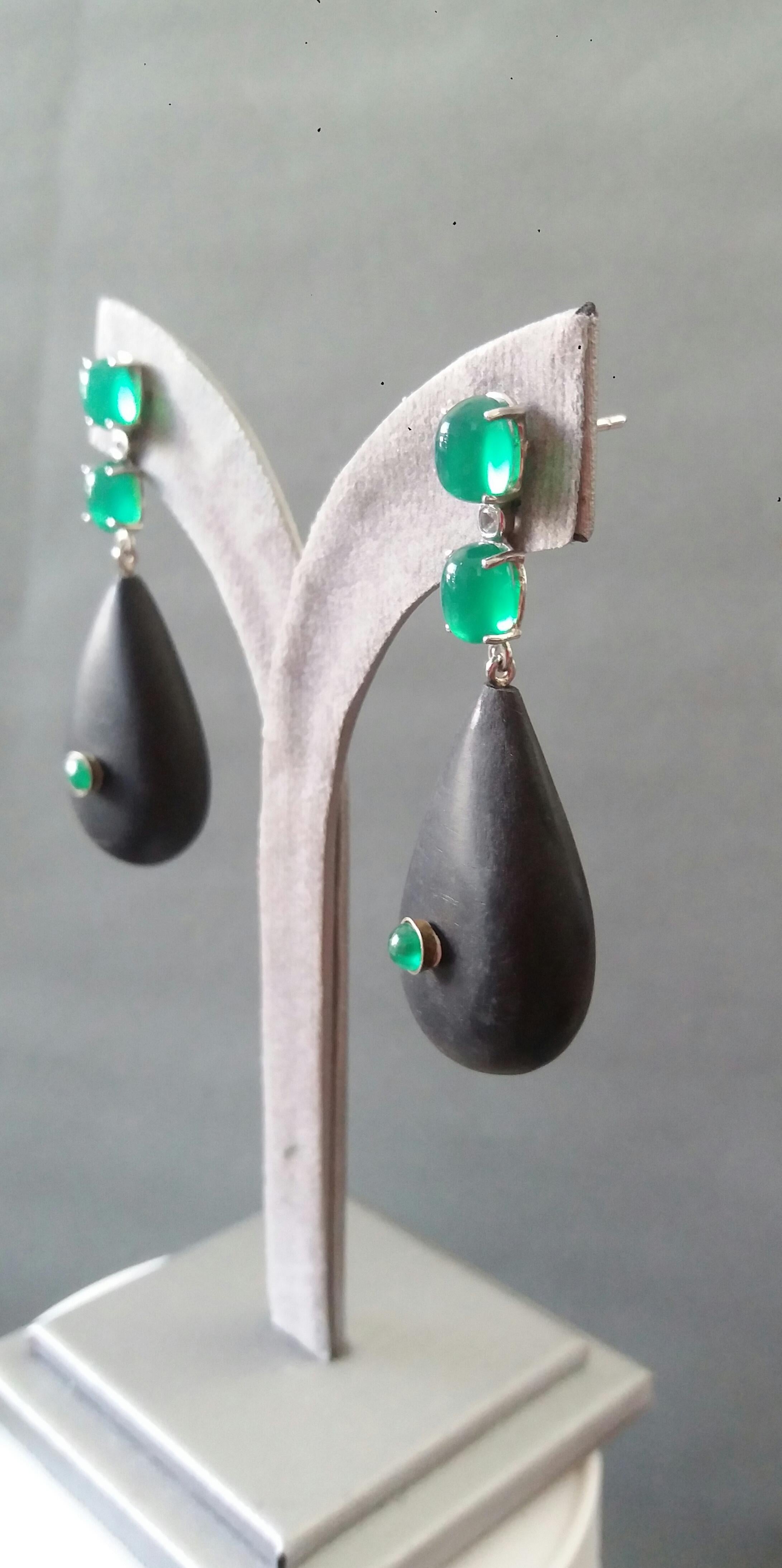 2 Emeralds Oval Cabs 14K White Gold Diamonds Ebony Wood Plain Drops Earrings For Sale 6