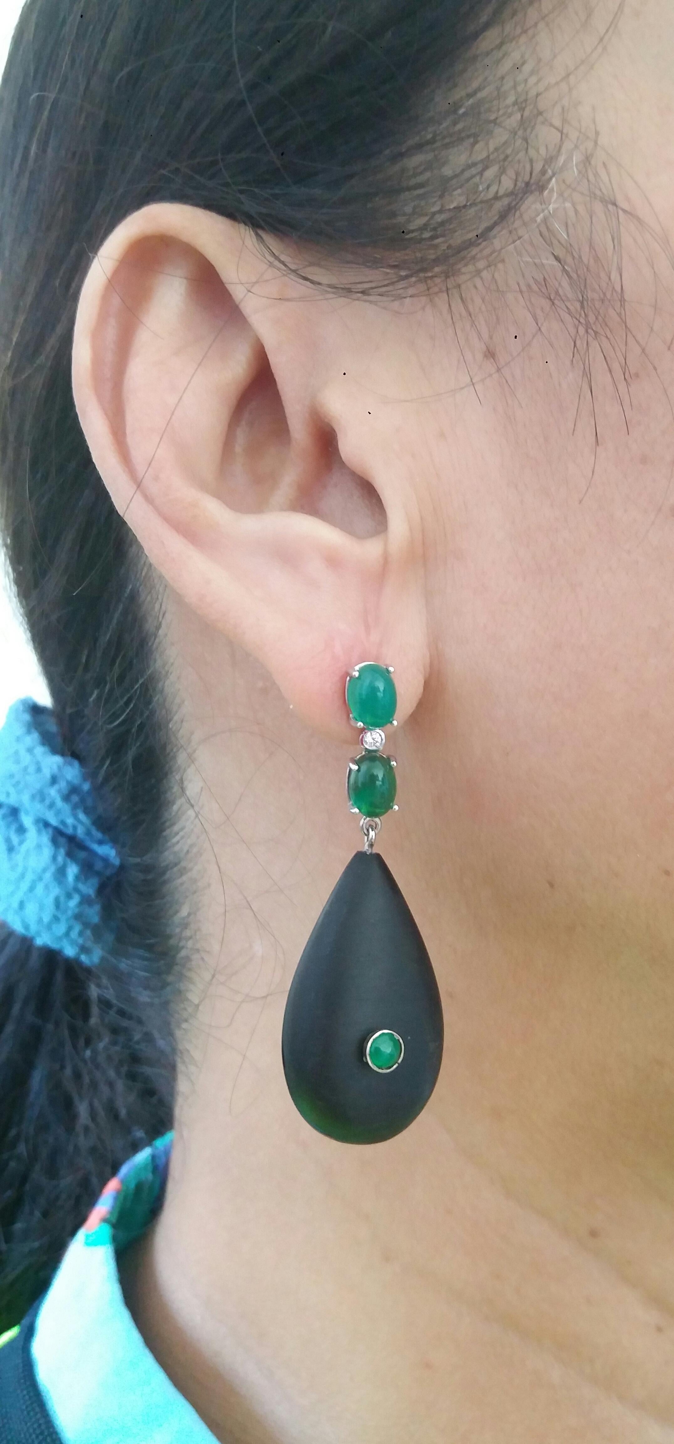2 Emeralds Oval Cabs 14K White Gold Diamonds Ebony Wood Plain Drops Earrings For Sale 7