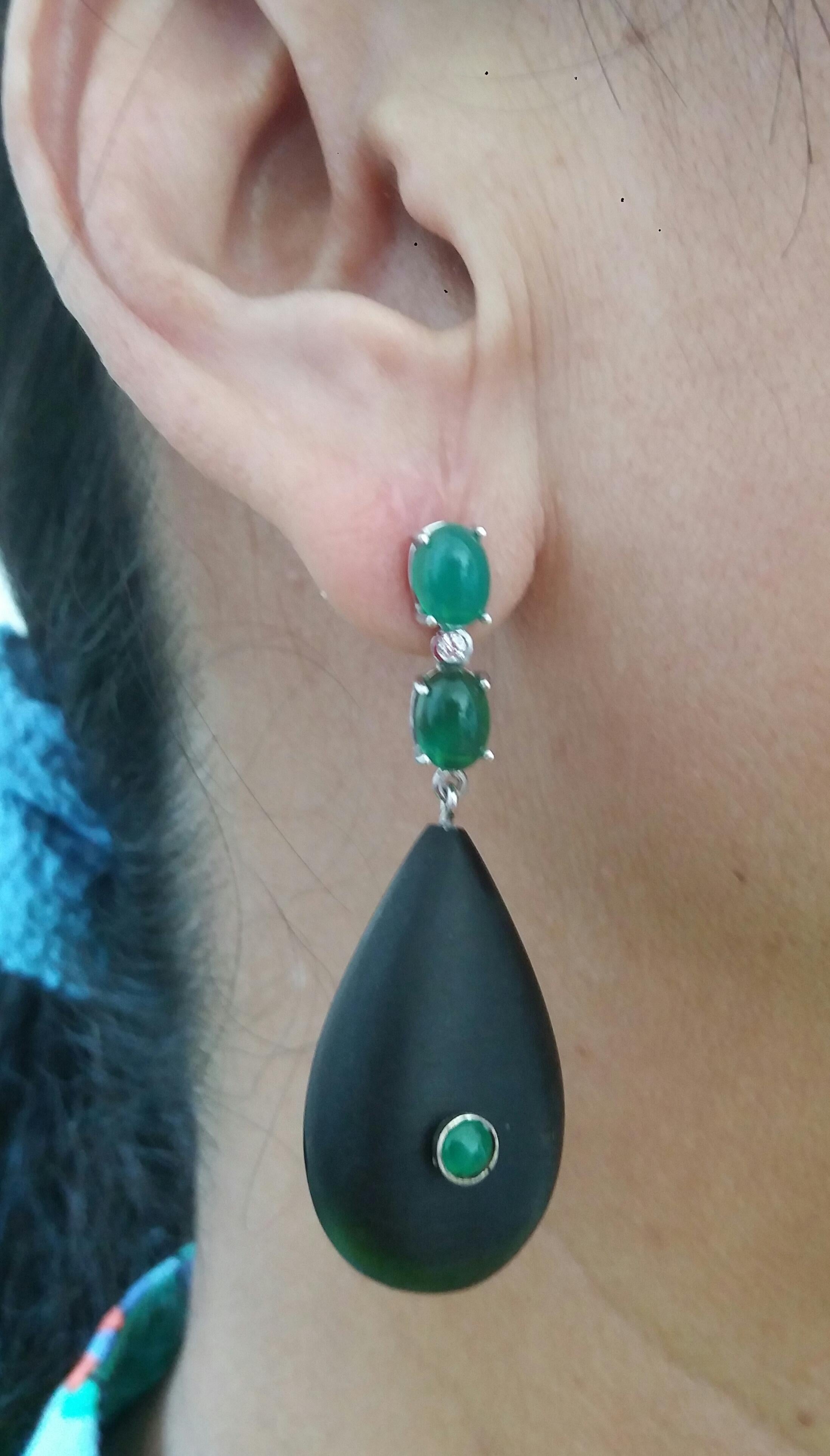2 Emeralds Oval Cabs 14K White Gold Diamonds Ebony Wood Plain Drops Earrings For Sale 8