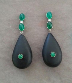 2 Emeralds Oval Cabs 14K White Gold Diamonds Ebony Wood Plain Drops Earrings