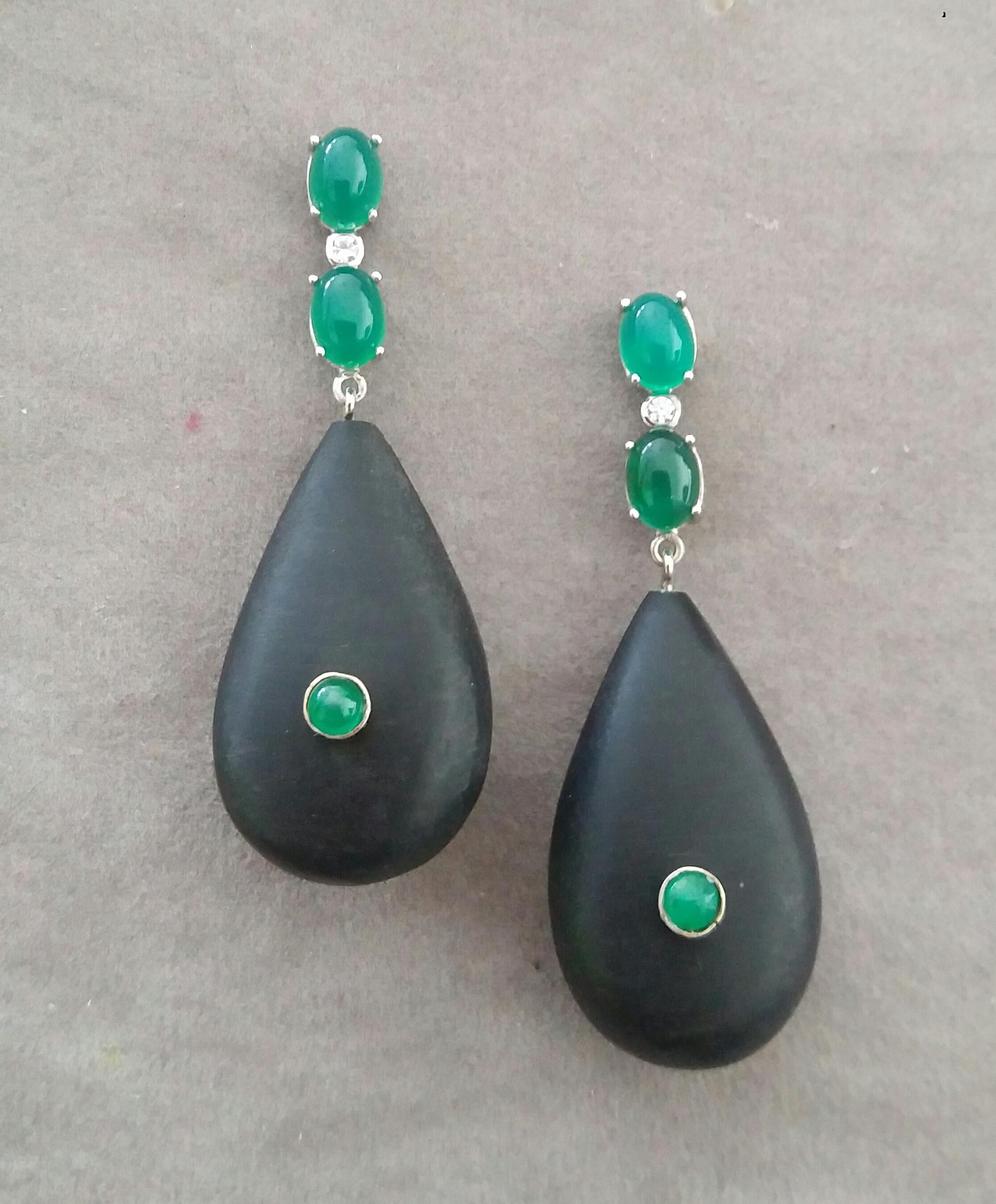 Contemporary 2 Emeralds Oval Cabs 14K White Gold Diamonds Ebony Wood Plain Drops Earrings For Sale