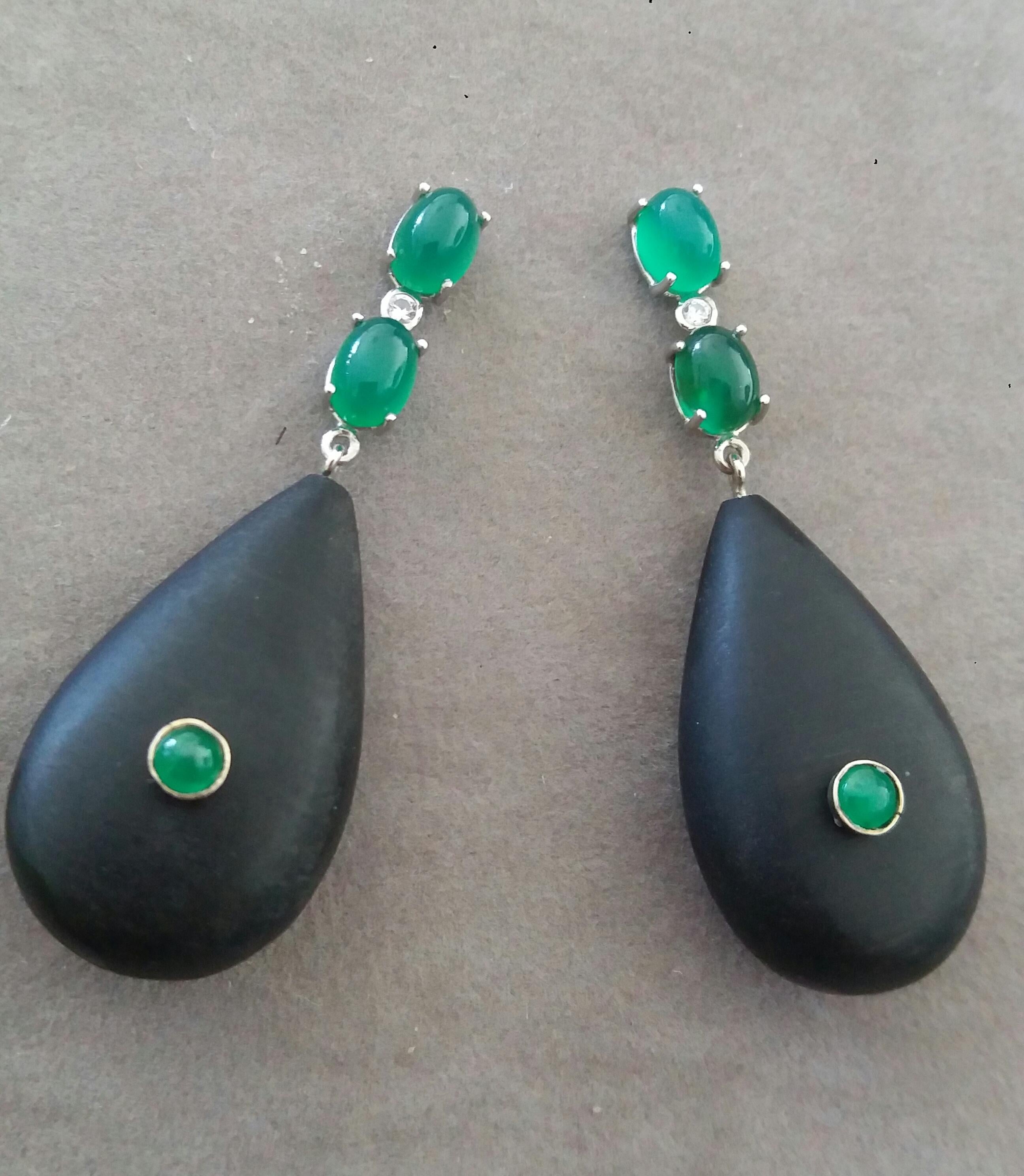 Mixed Cut 2 Emeralds Oval Cabs 14K White Gold Diamonds Ebony Wood Plain Drops Earrings For Sale