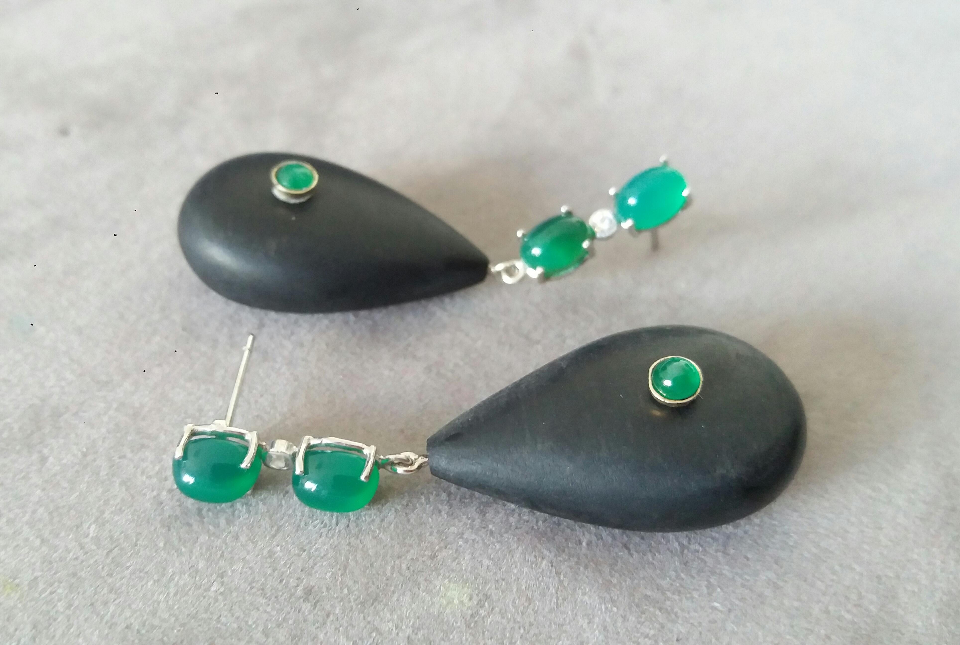 Women's 2 Emeralds Oval Cabs 14K White Gold Diamonds Ebony Wood Plain Drops Earrings For Sale