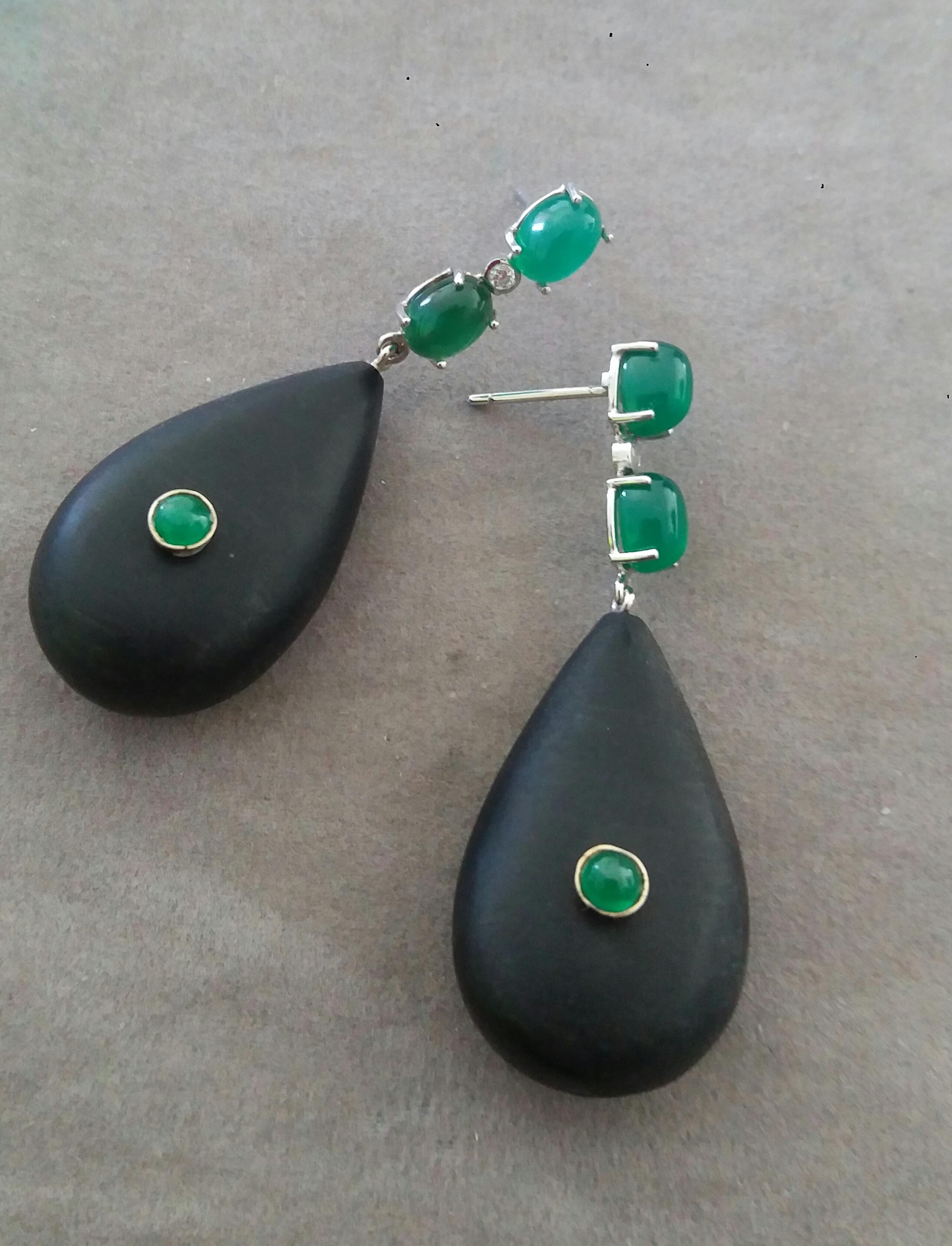 2 Emeralds Oval Cabs 14K White Gold Diamonds Ebony Wood Plain Drops Earrings For Sale 2