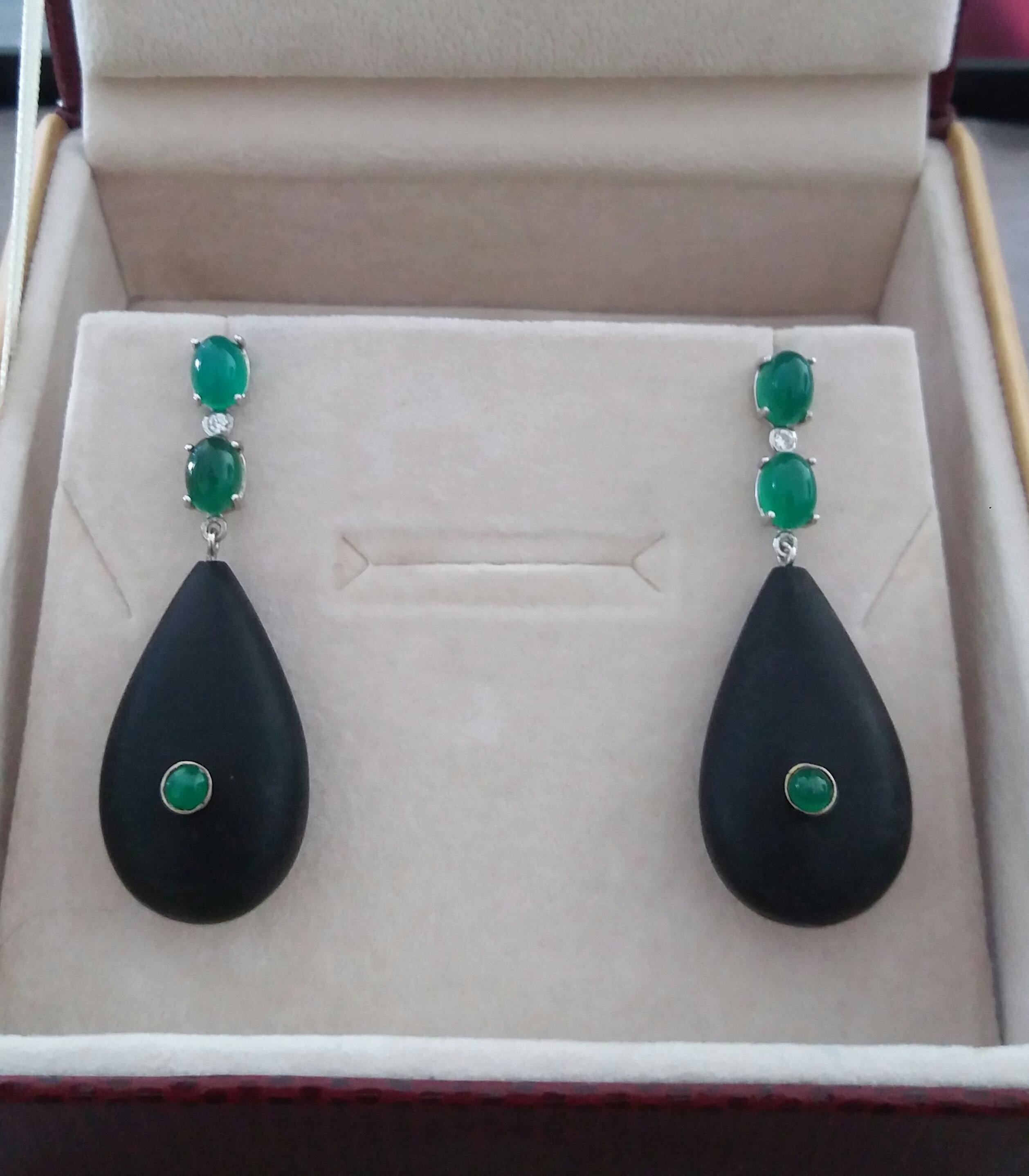 2 Emeralds Oval Cabs 14K White Gold Diamonds Ebony Wood Plain Drops Earrings For Sale 3