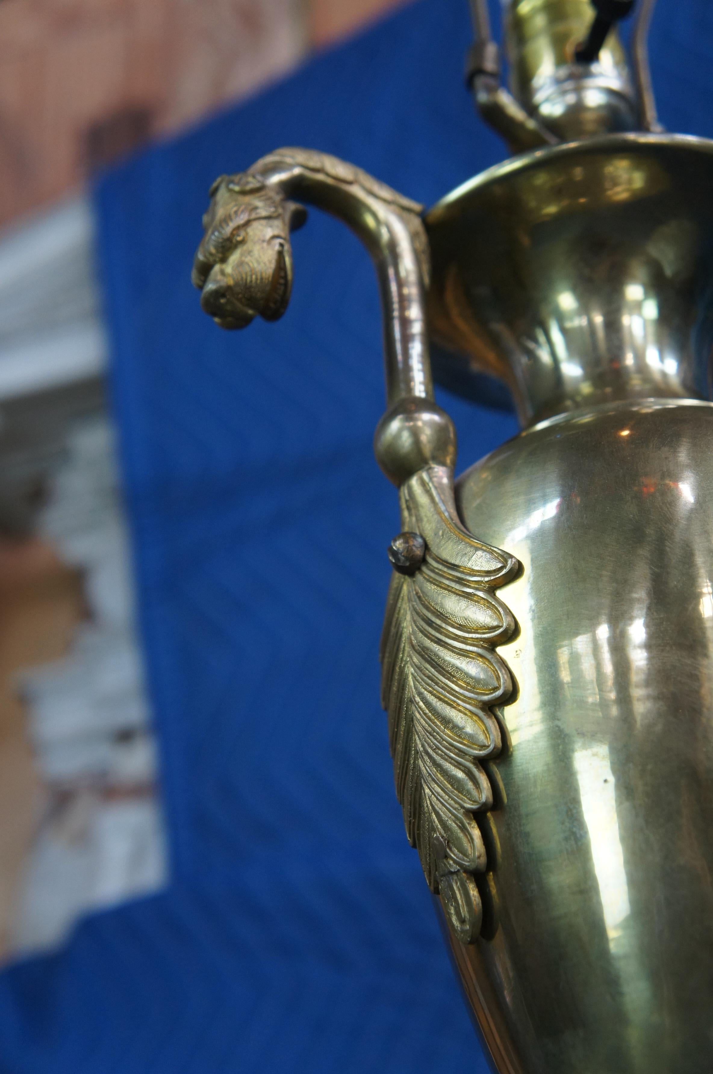 20th Century 2 Empire Cassolettes Brass Figural Footed Griffin Serpent Dragon Trophy Urn Lamp
