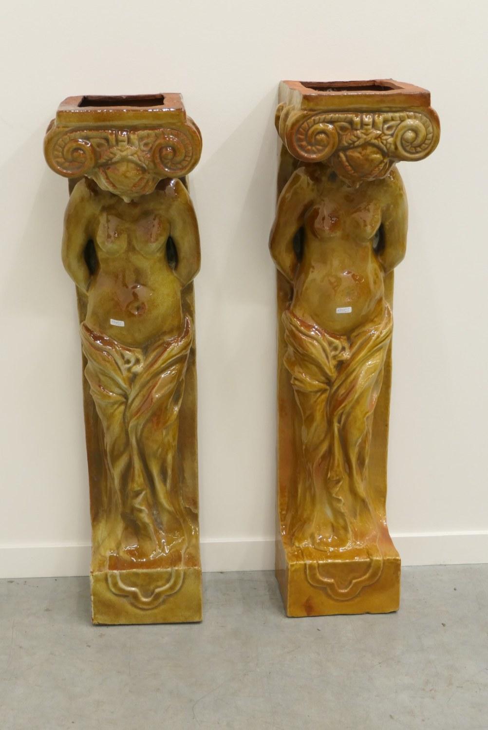 Enameled 2 enamelled terracotta caryatids circa 1930  For Sale