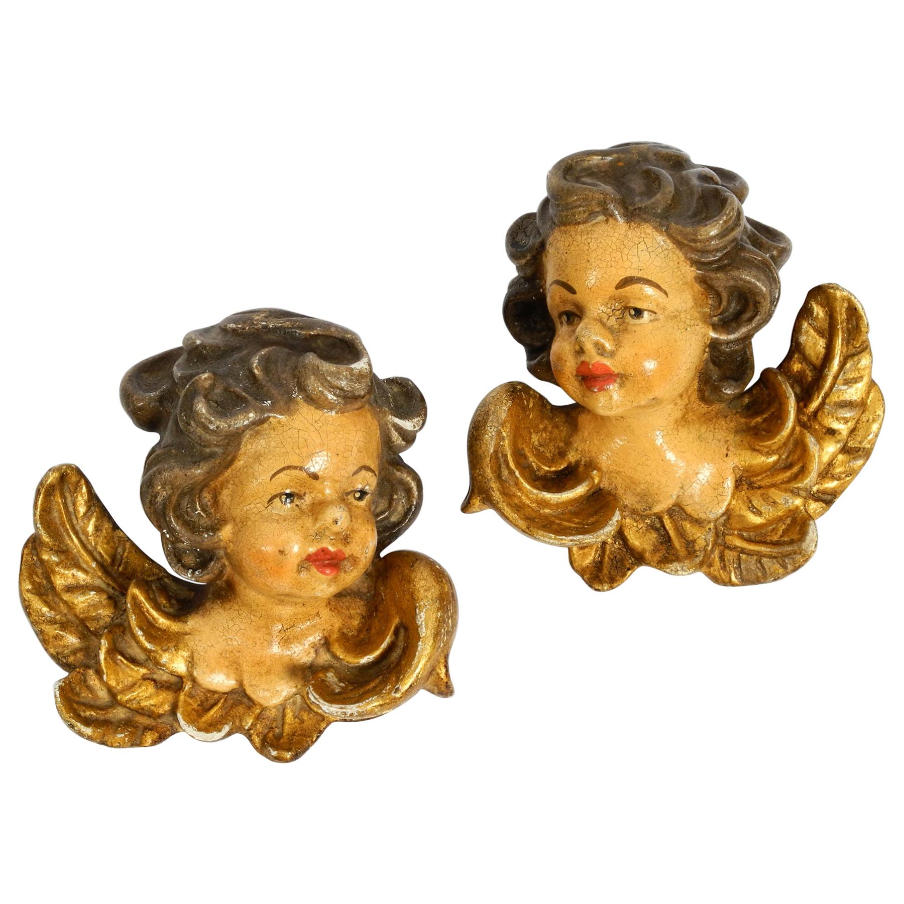 2 Enchanting Little Handmade Italian Wooden Angel Heads from the 1930s to Hang