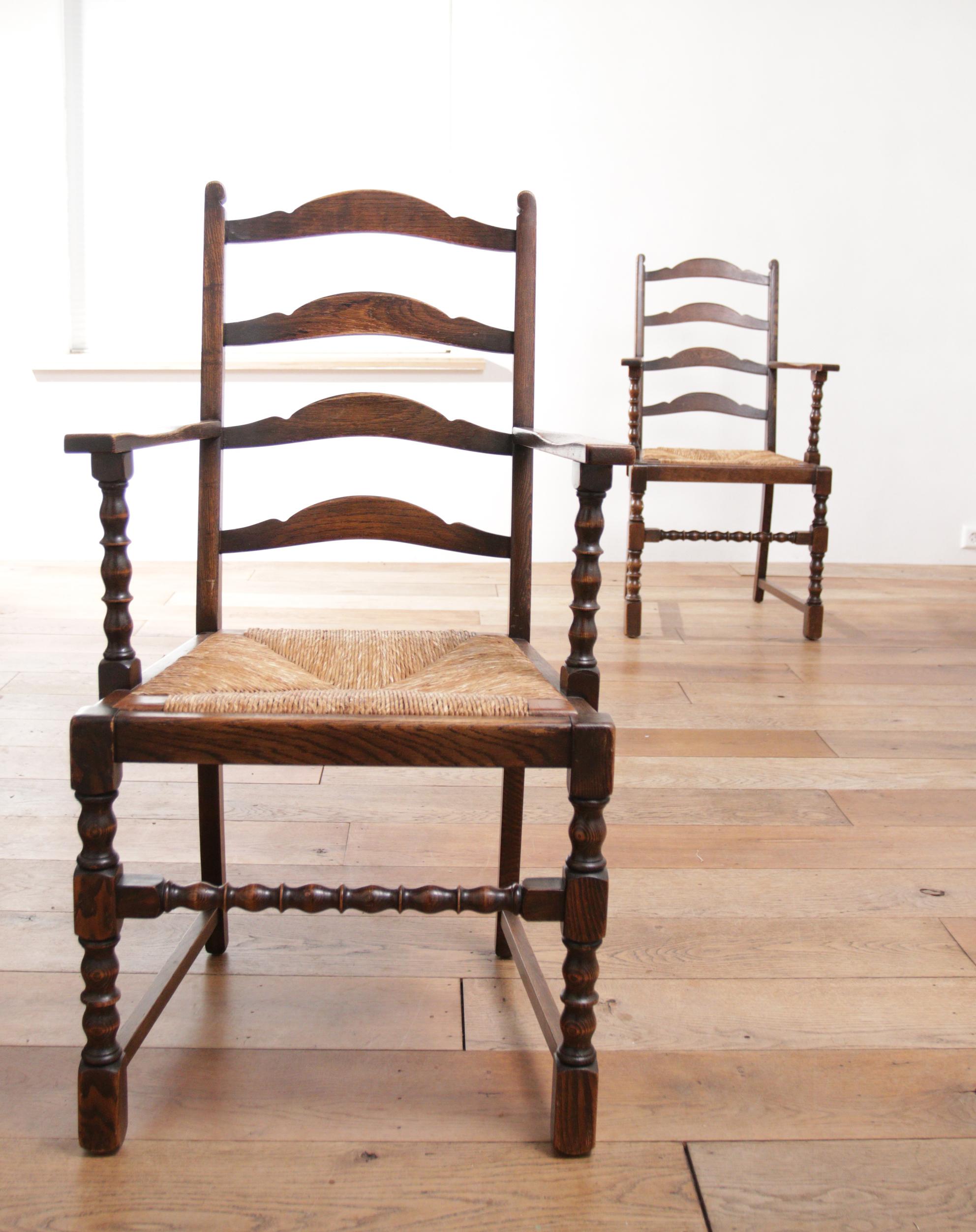 2 English Bobbin Ladder Back Oak Rush Seat Armchairs For Sale 9