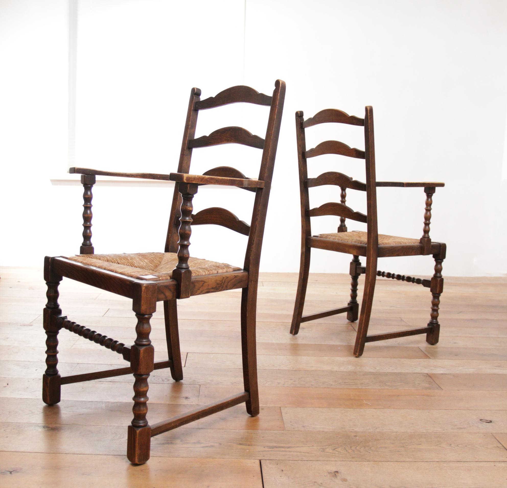 2 English Bobbin Ladder Back Oak Rush Seat Armchairs For Sale 10