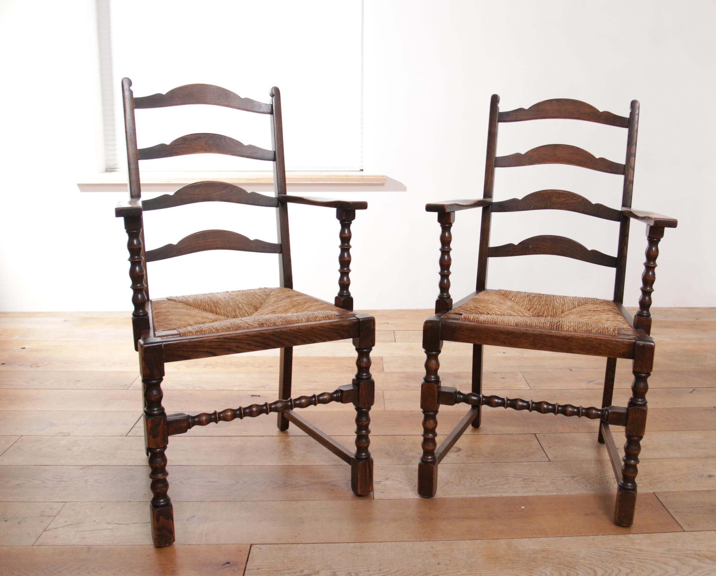 2 English Bobbin Ladder Back Oak Rush Seat Armchairs For Sale 11