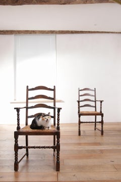 2 English Bobbin Ladder Back Oak Rush Seat Armchairs