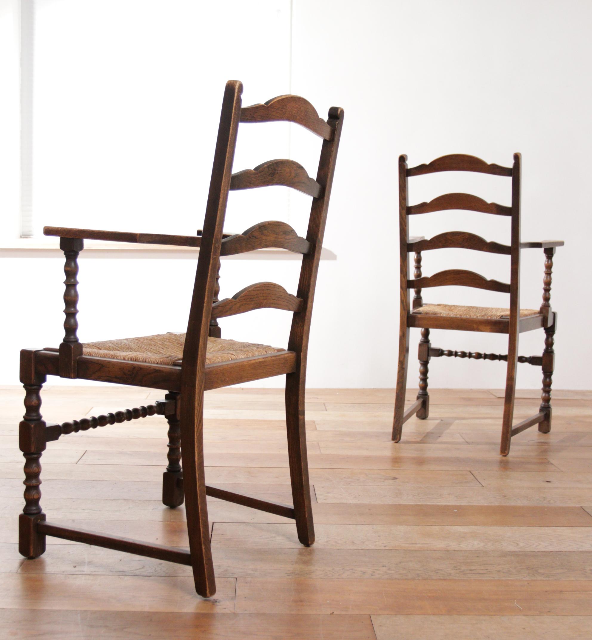2 English Bobbin Ladder Back Oak Rush Seat Armchairs For Sale 3