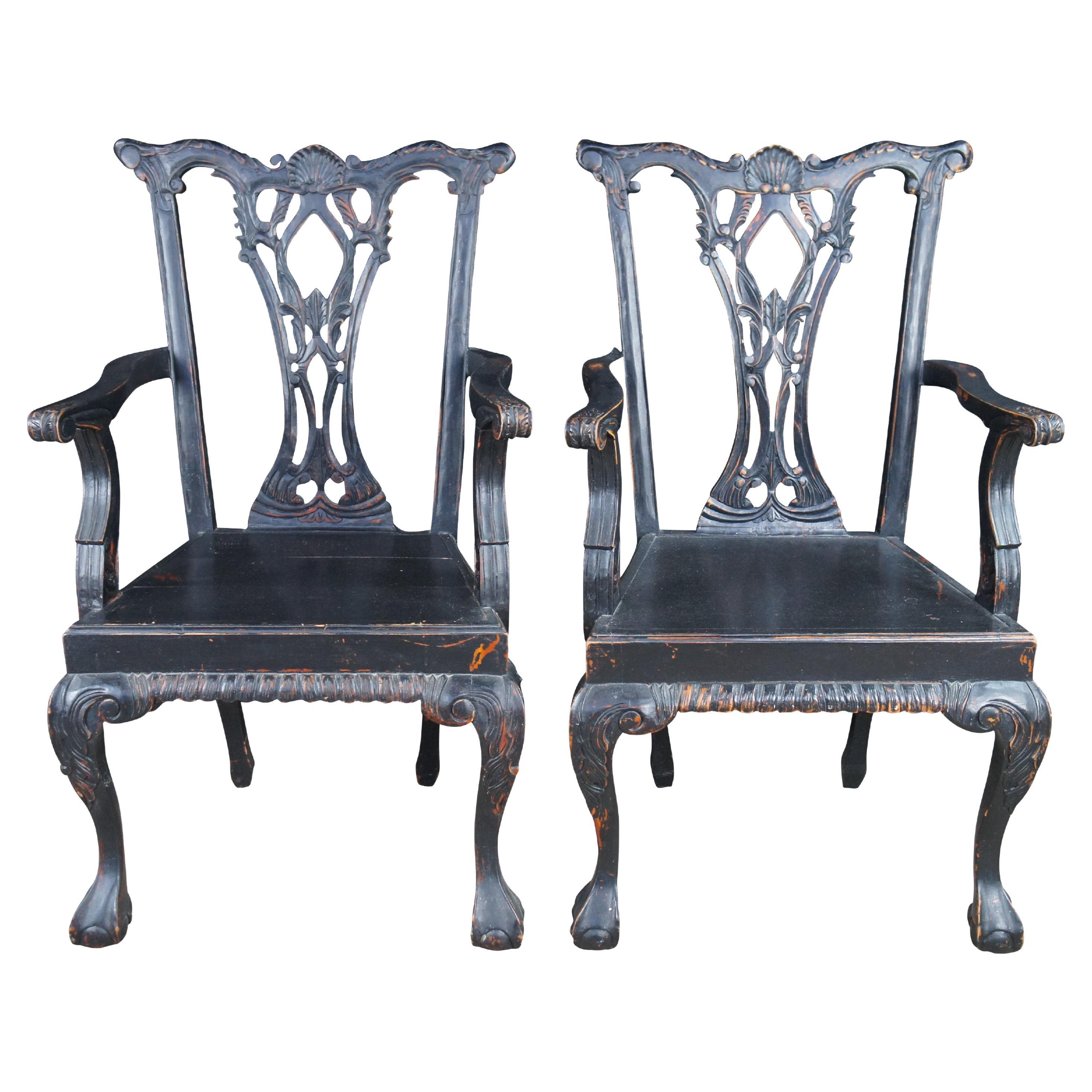 2 English Chippendale Style Black Painted Mahogany Ball 
Claw Armchairs For Sale
