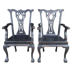 2 English Chippendale Style Black Painted Mahogany Ball 
Claw Armchairs