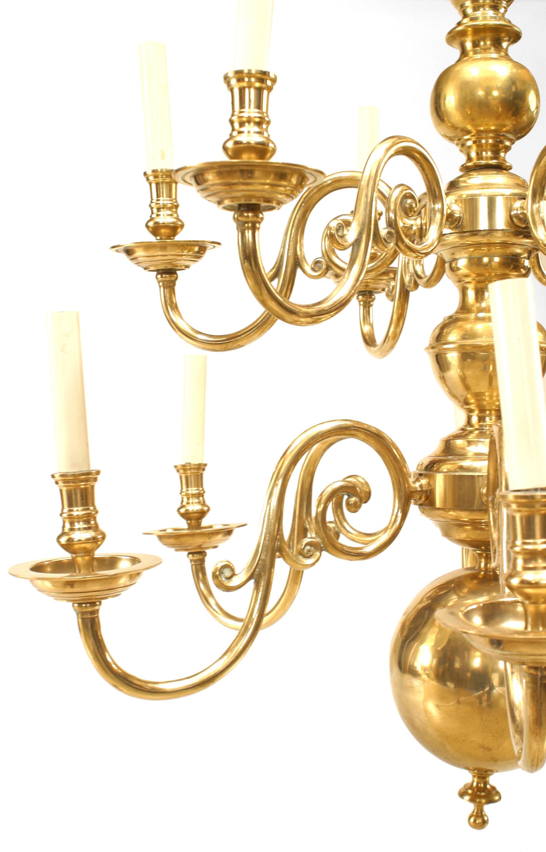 2 English Georgian Style Brass Scroll Arm Chandeliers In Good Condition In New York, NY