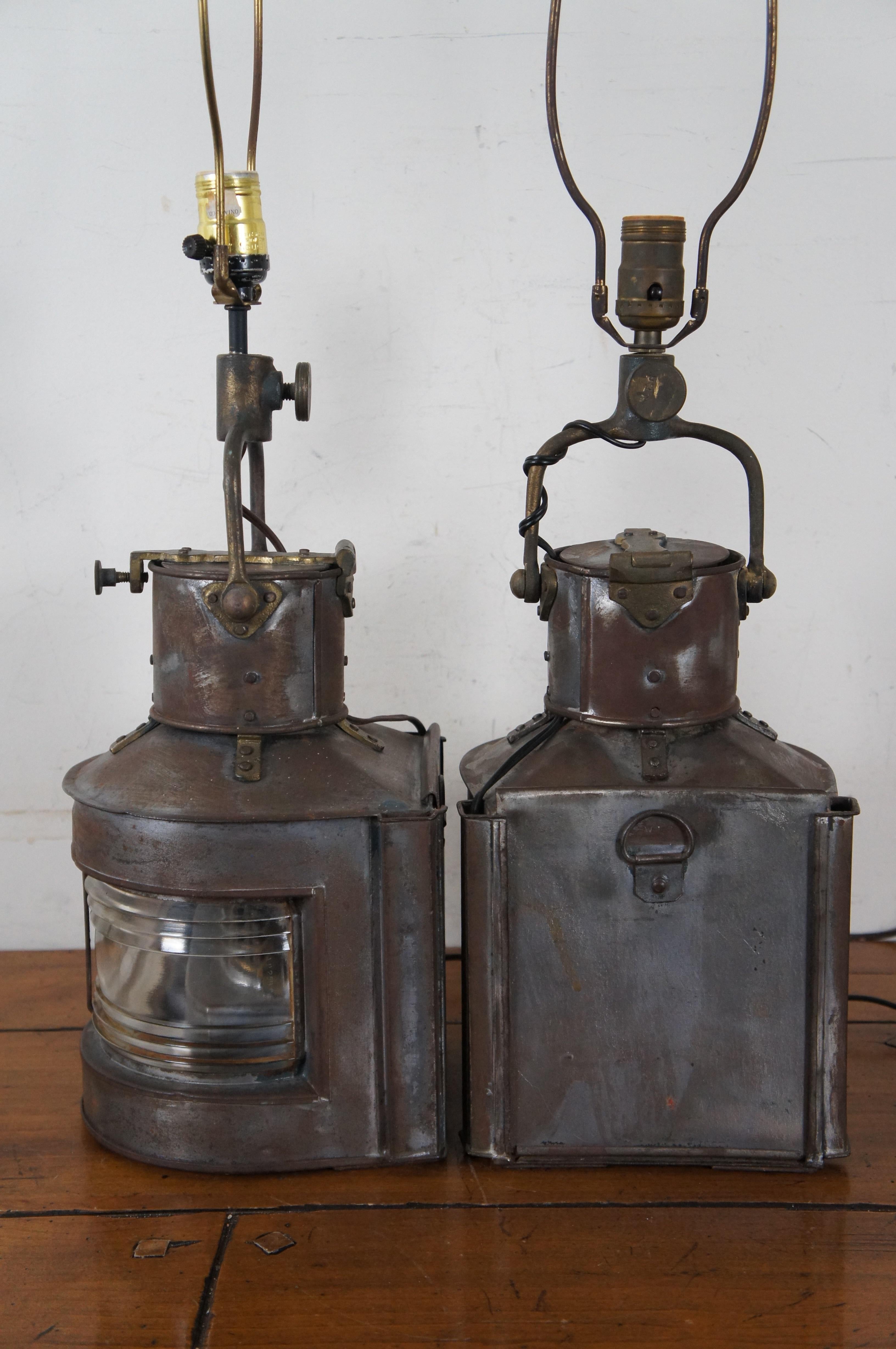 2 English WWII Masthead Patt 25A Nautical Martime Marine Lantern Table Lamps For Sale 2