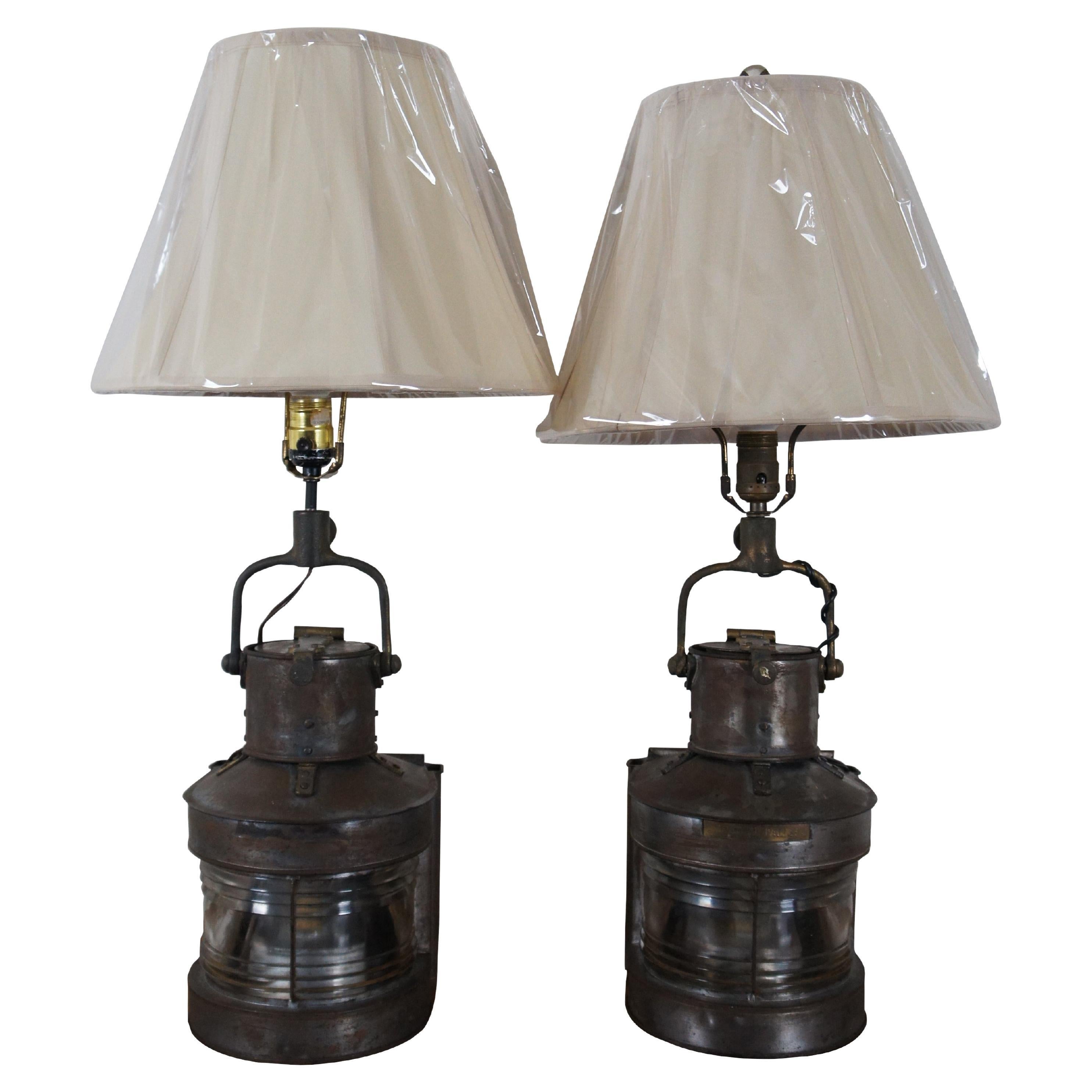 2 English WWII Masthead Patt 25A Nautical Martime Marine Lantern Table Lamps For Sale