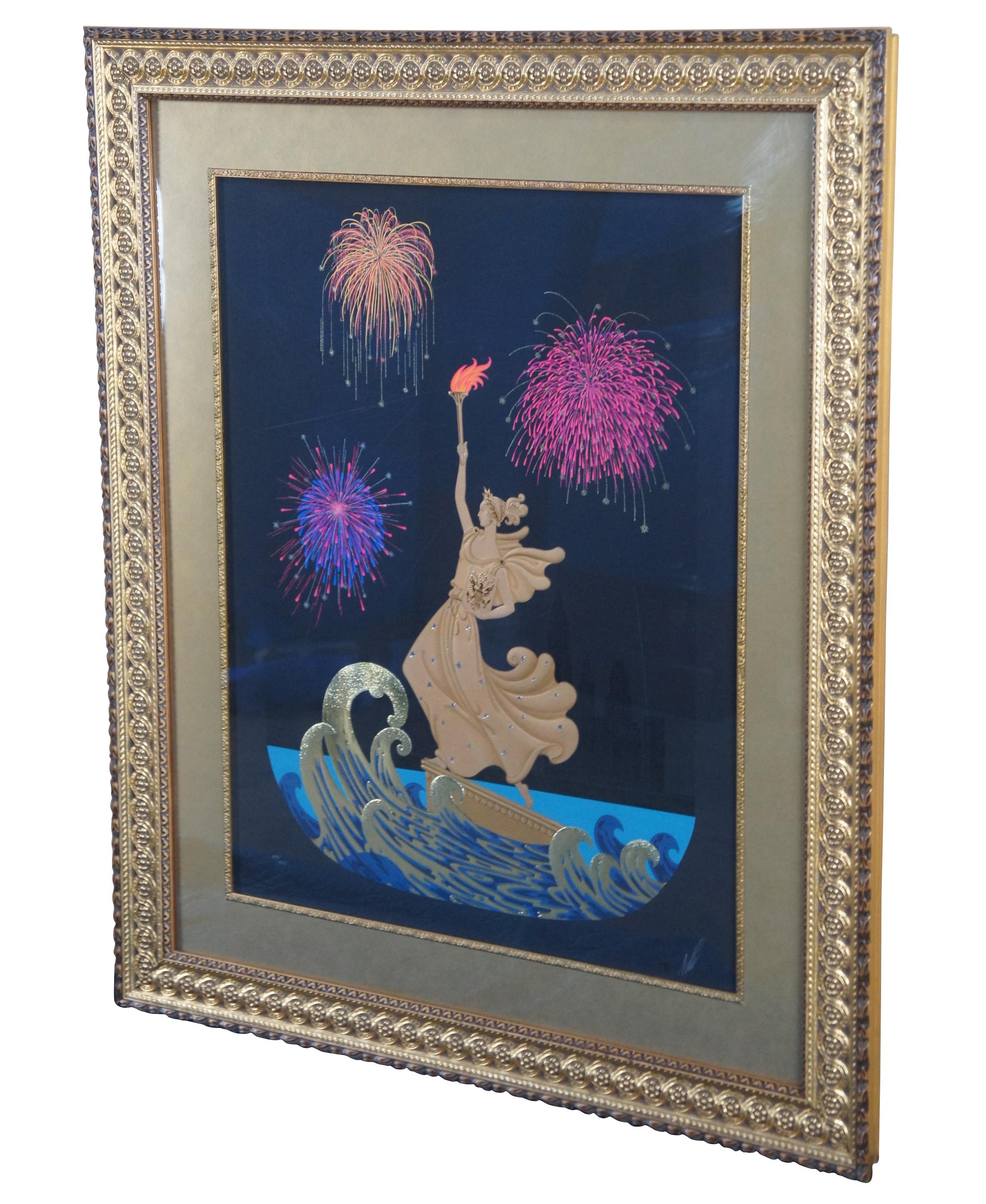 Vintage pair of embossed metallic Art Deco style serigraphs by Erte, circa 1986. The prints feature the famous Statue of Liberty in both day and night settings. The day print features a seascape with her majesty surfing the waves with her