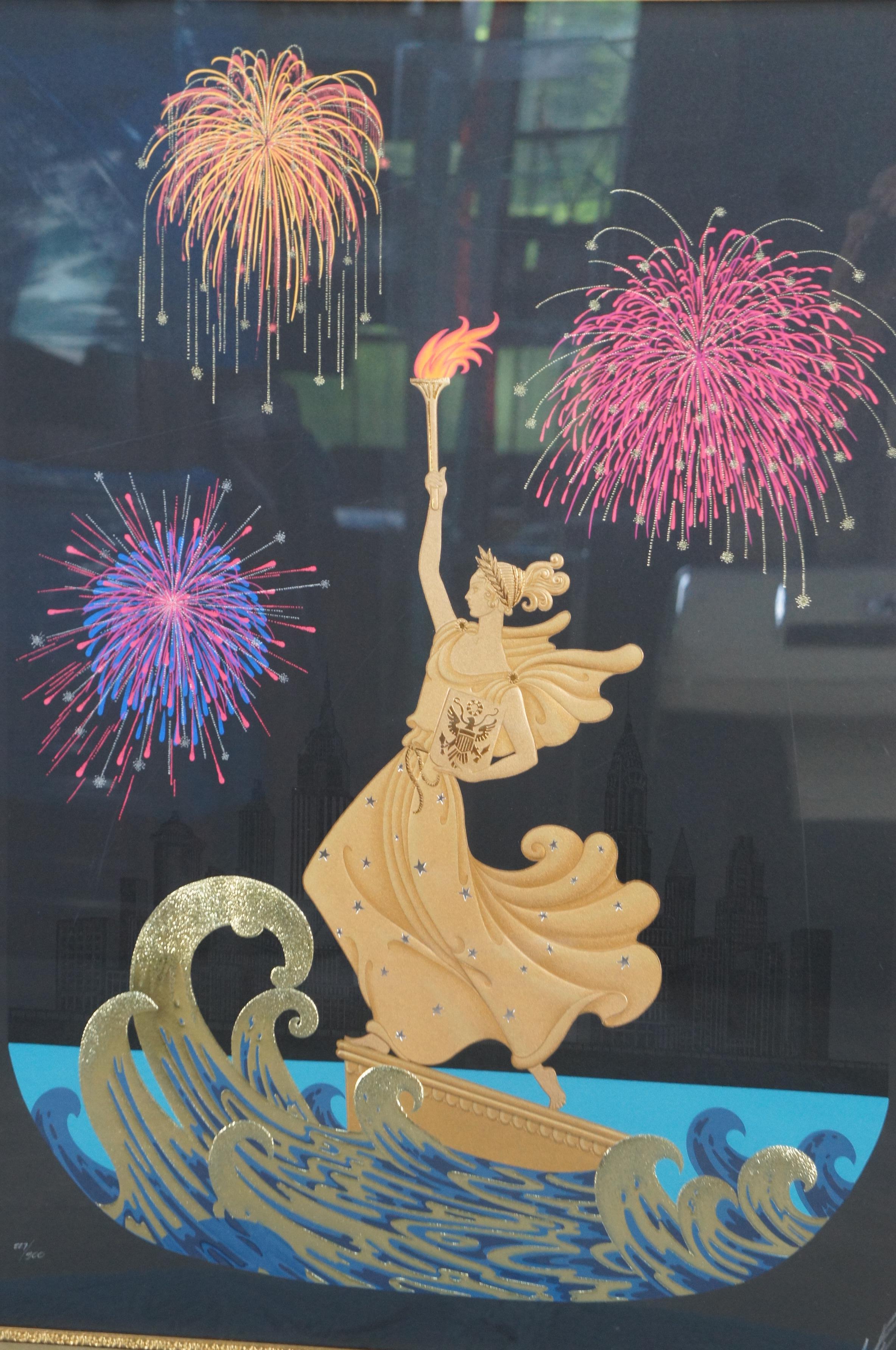 Art déco 2 Sérigraphies Erte Embossed Statue of Liberty Day & Night Sunrise & Fireworks 36