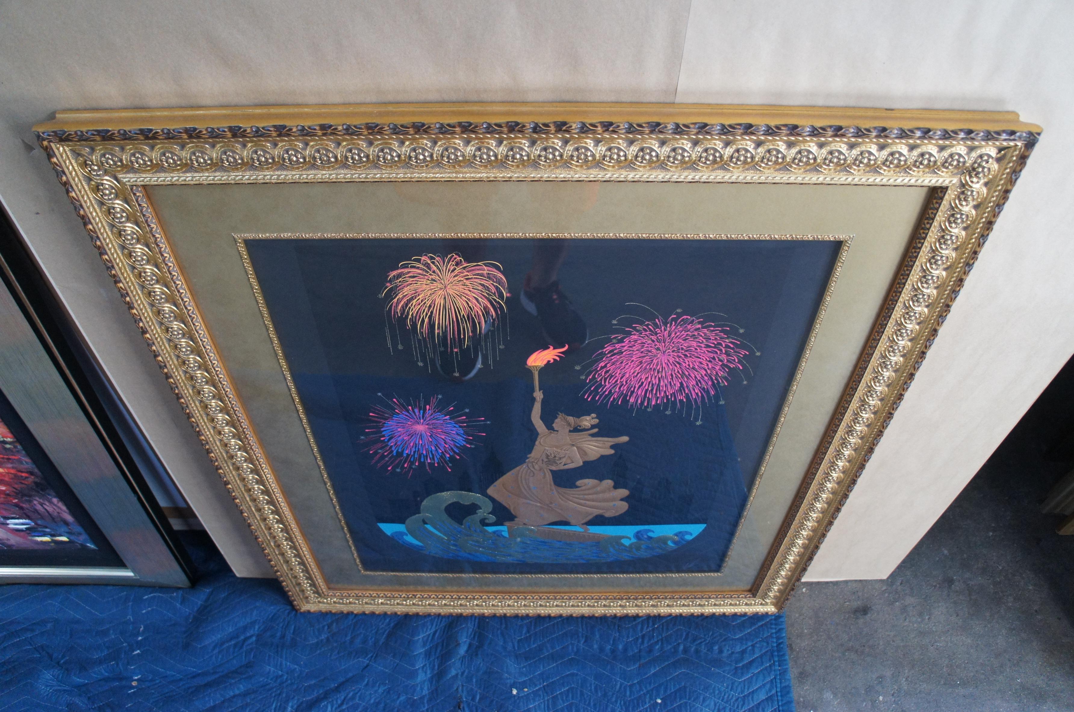 Late 20th Century 2 Erte Embossed Statue of Liberty Day & Night Serigraphs Sunrise & Fireworks For Sale