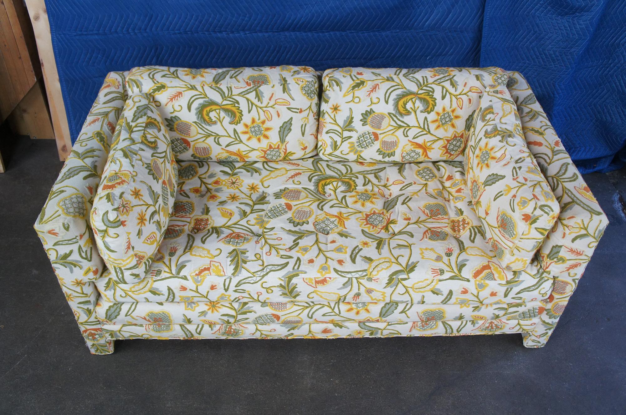 Late 20th Century 2 Erwin Lambeth Mid-Century Modern Parsons Style Crewel Sofa Settee Love Seats