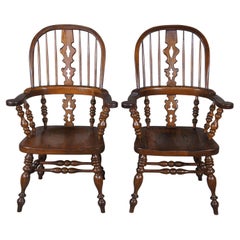 2 Ethan Allen Royal Charter Solid Oak Bow Back Windsor Arm Chairs 16-6000 Pair