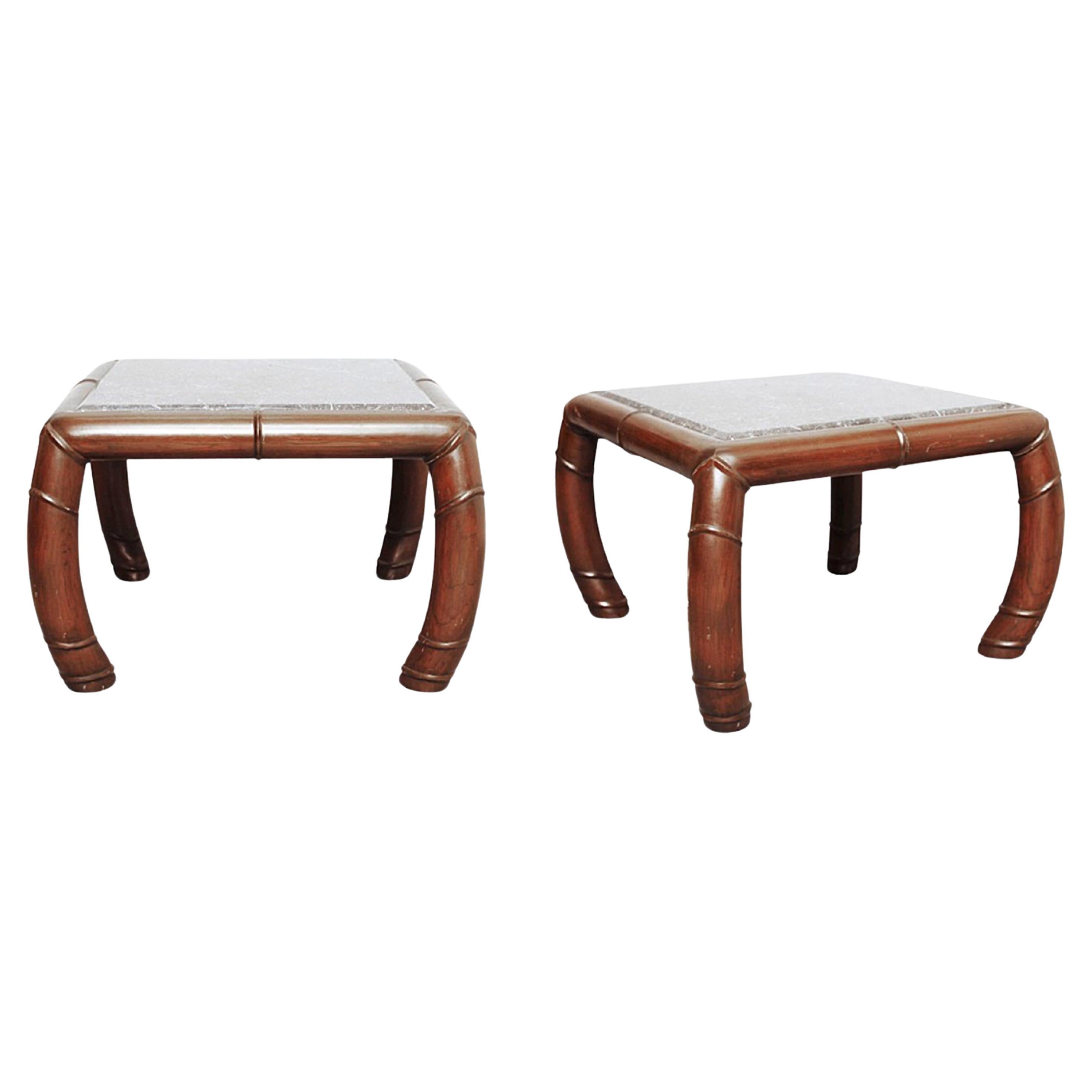 2 tables basses d'appoint en faux bambou gris Marbre Mid-Century ModernHollywoodRegency