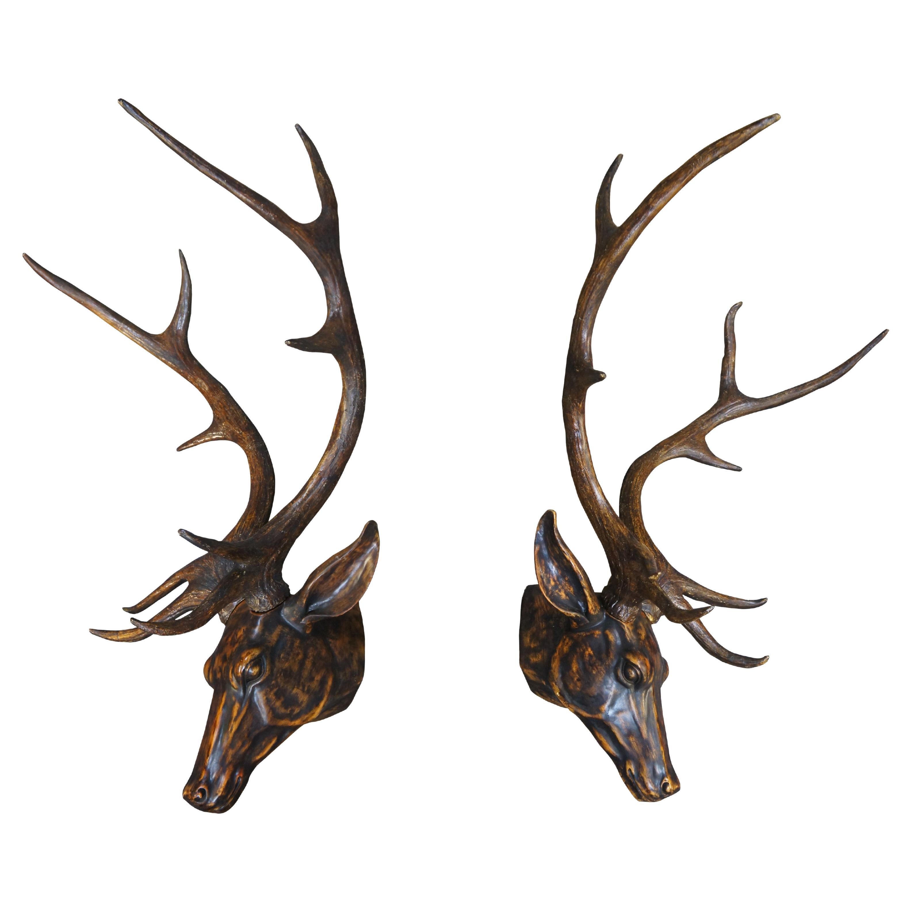 2 Faux Wood Deer Stag Buck Head Taxidermy Wall Mount Sculptures 43"