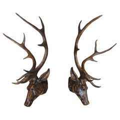 2 esculturas de madera de imitación de ciervo, ciervo con cabeza de ciervo, taxidermia, para montaje en pared 43".