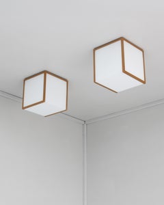 2 Fine French 1970s Cubical Glass and Brass Flush Mounts by Perzel