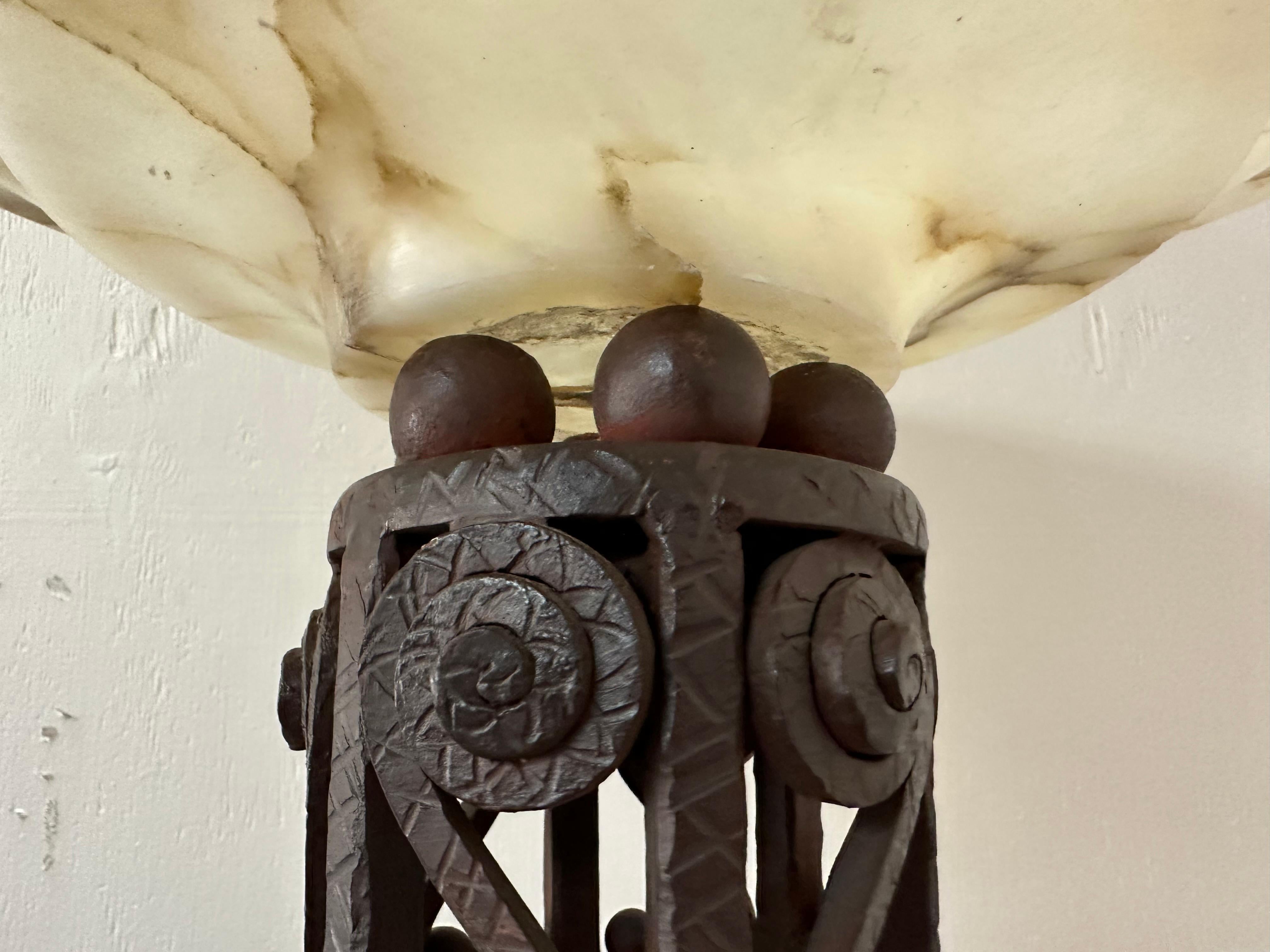 Iron 2 Floor Lamps, Jugendstil, Art Nouveau, Liberty, Materials: Alabaster and iron For Sale