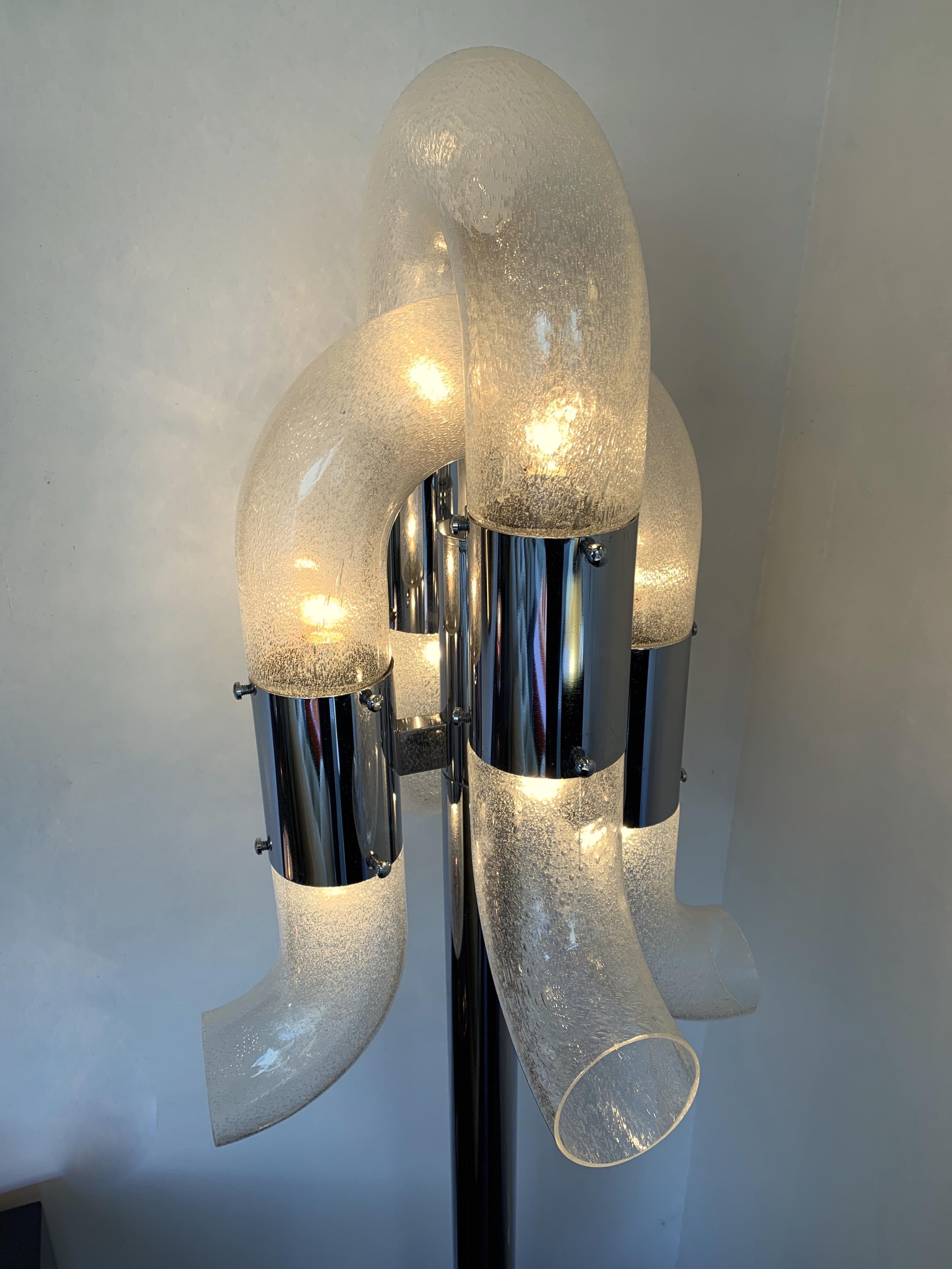Late 20th Century 2 Floor Lamps Metal Chrome Murano Glass by Aldo Nason for Mazzega, Italy, 1970s