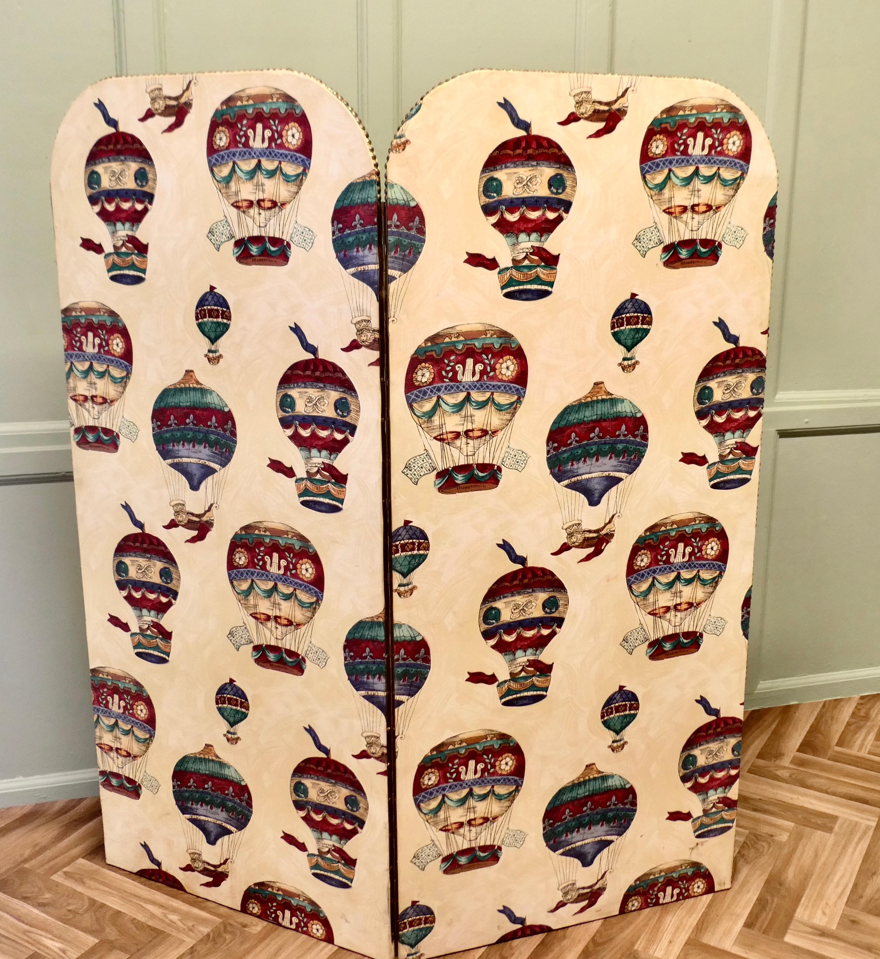 Linen 2 Fold Screen with Hot Air Balloons For Sale