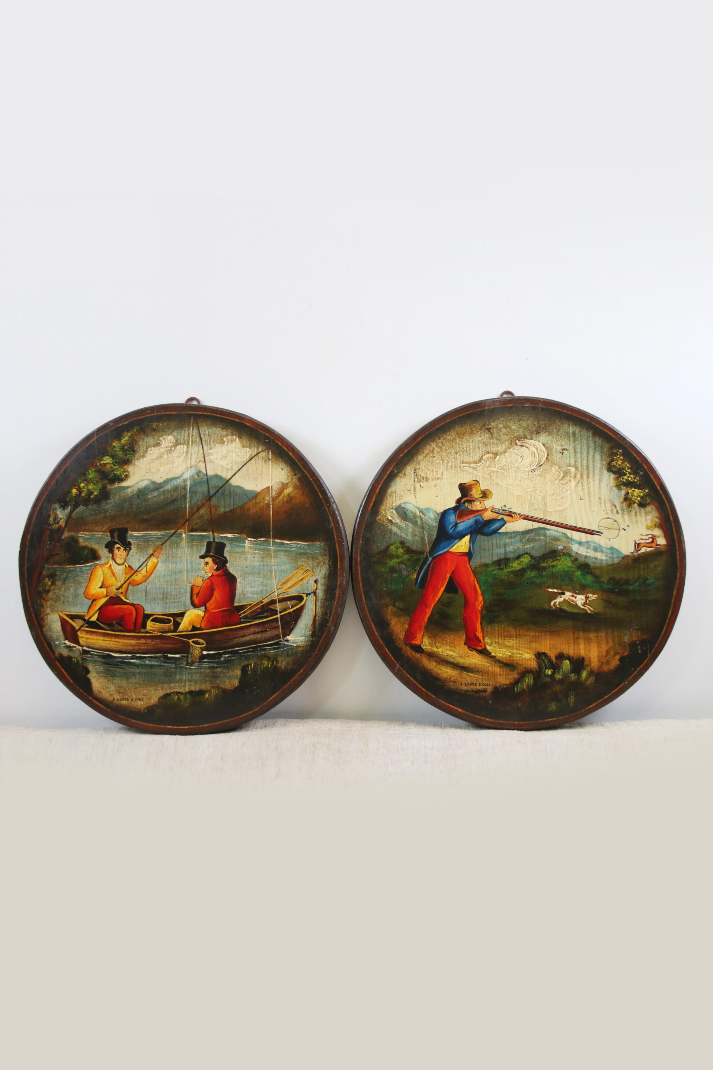 Mid-20th Century 2 France handpaint Wallplates with Hunting Scene from 1900 For Sale
