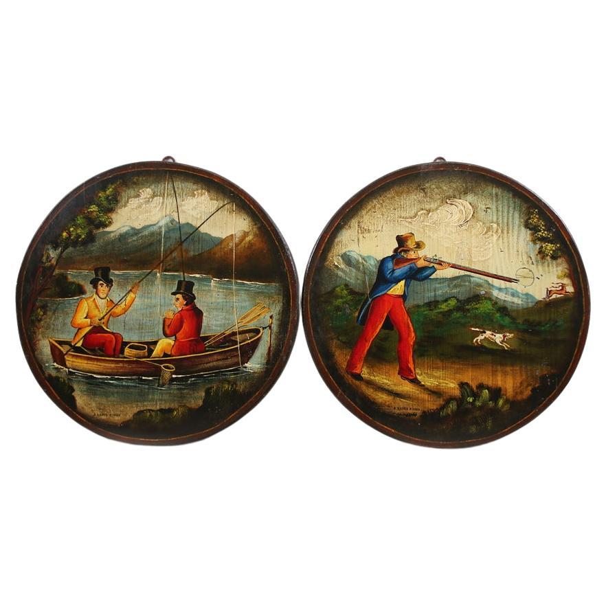 2 France handpaint Wallplates with Hunting Scene from 1900 For Sale