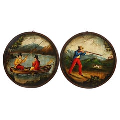 2 plaques murales françaises peintes à la main avec scène de chasse, datant de 1900