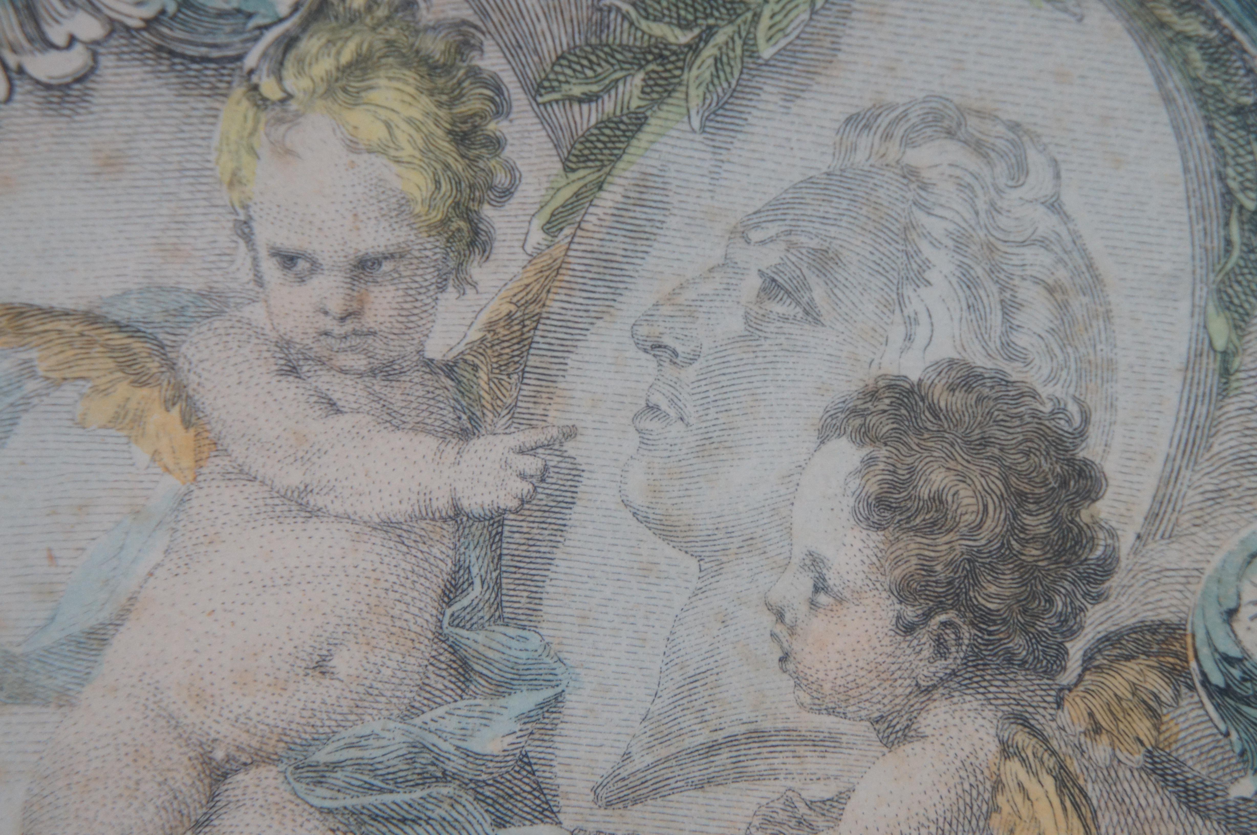 2 Francois Boucher Antique Baroque Mezzotint Poetry Engravings Mother Cherubs 7