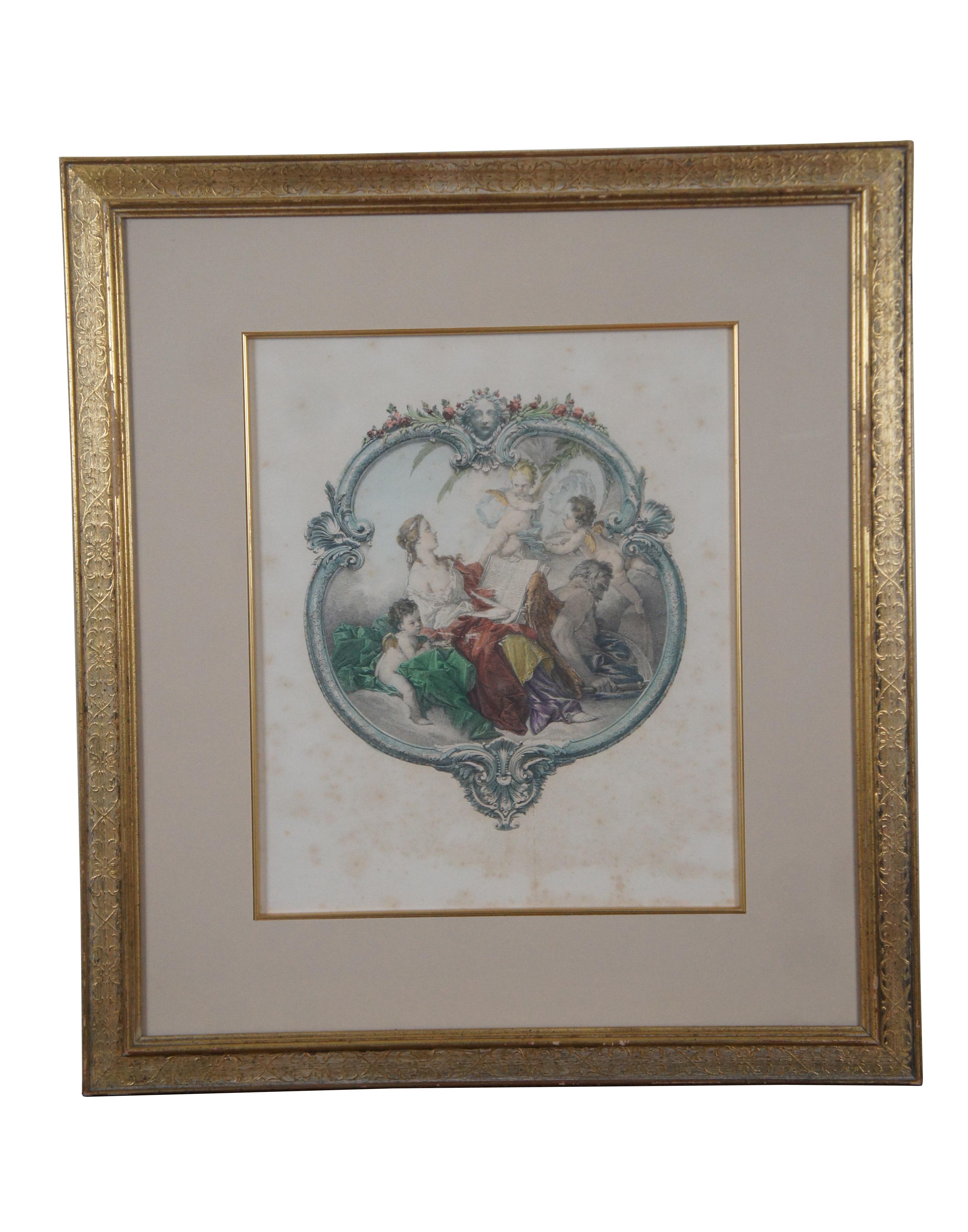 Pair of Francois Boucher Mezzotint Engravings from the first half of the 20th century.   The colored engravings have a classical design with a Poetry theme.  Matted and framed in gold.

Dimensions:
21